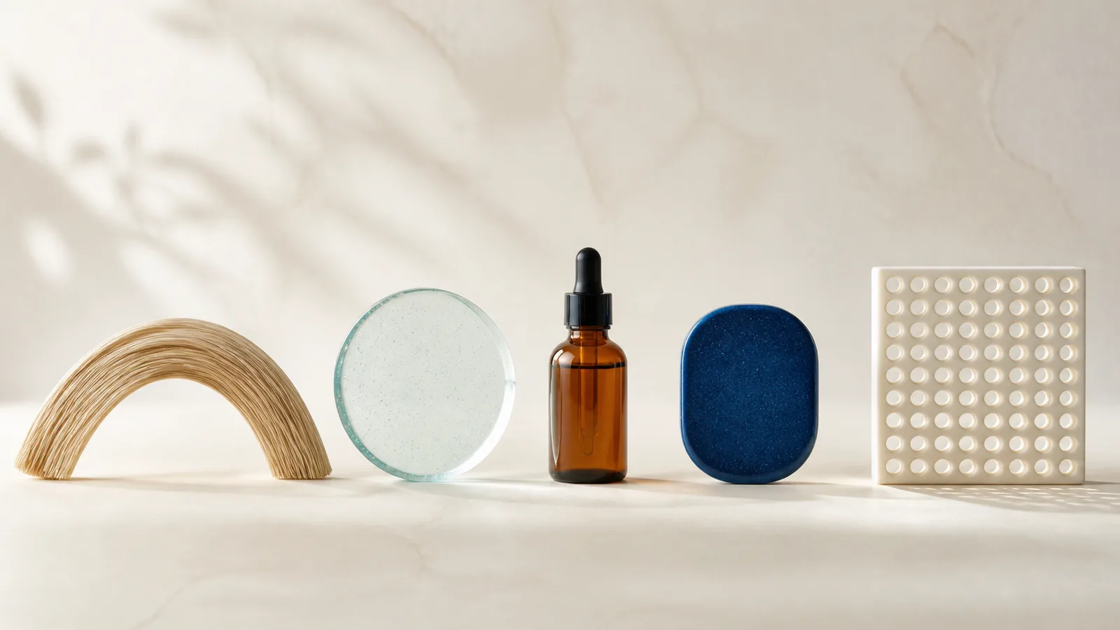 Five abstract material samples representing distinct hair-restoration option categories