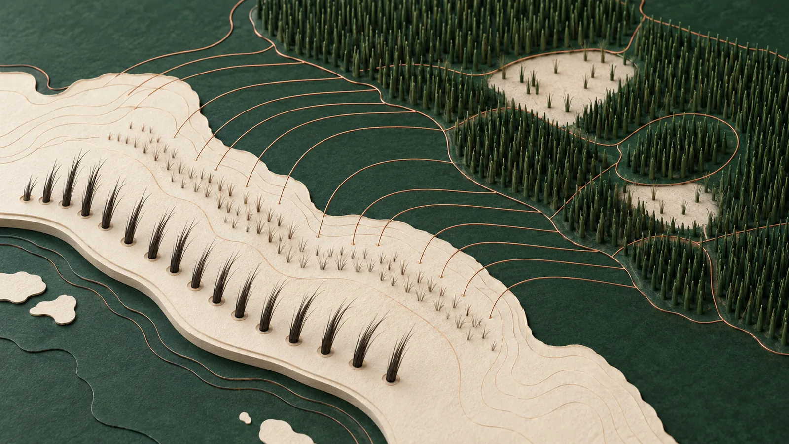 A topographic scalp map showing hairline grouping, donor density, scars, and a limited repair budget