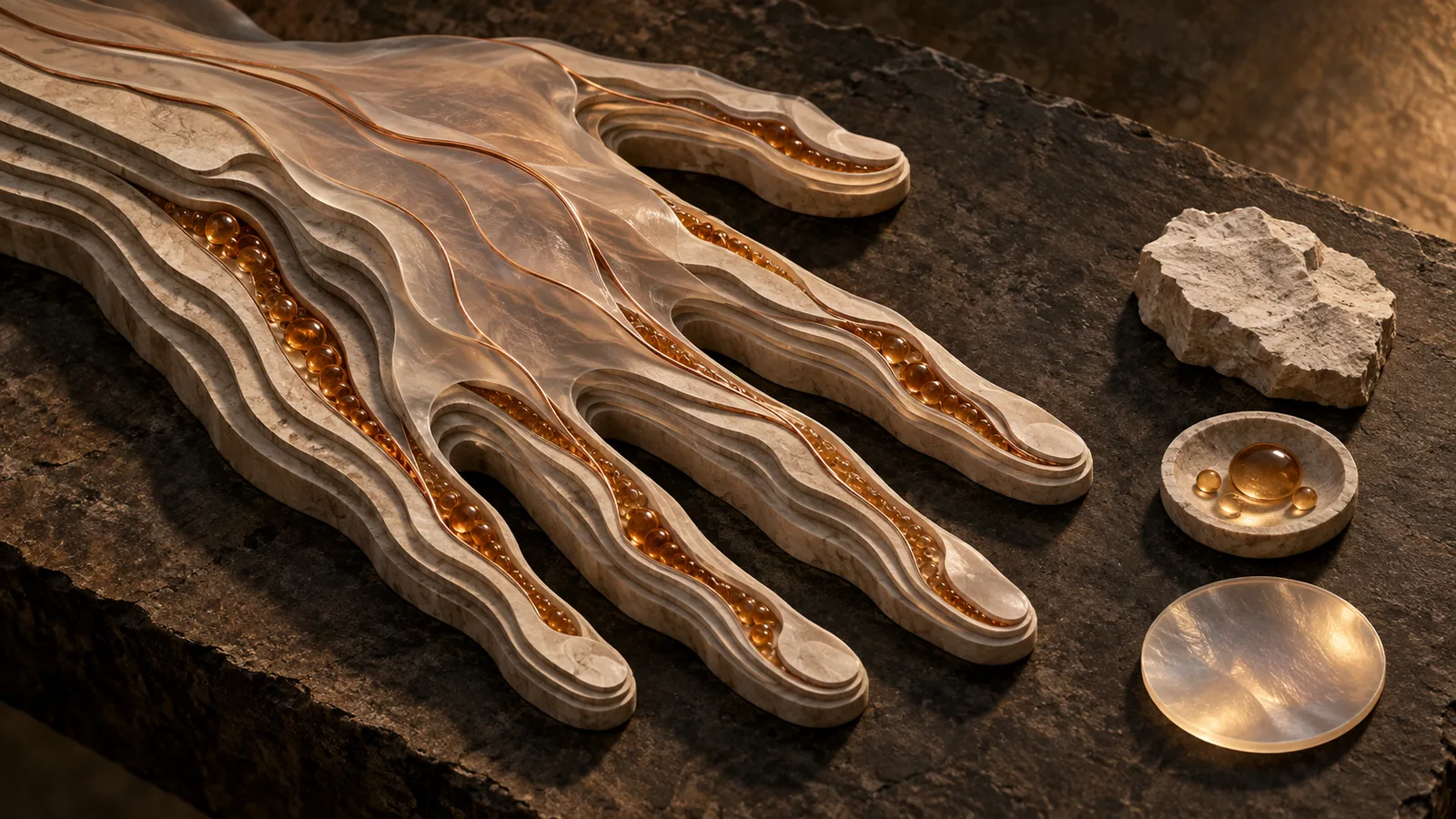 A sculptural hand diagram divided into volume, pigment, and texture layers with separate treatment tools