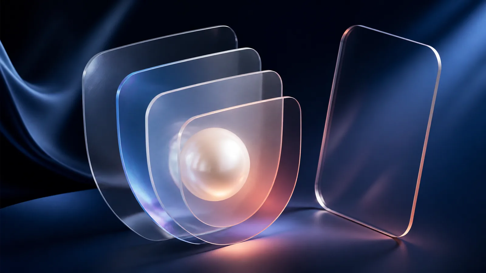 A pearl-like core protected by overlapping translucent screens with one separate frame set apart