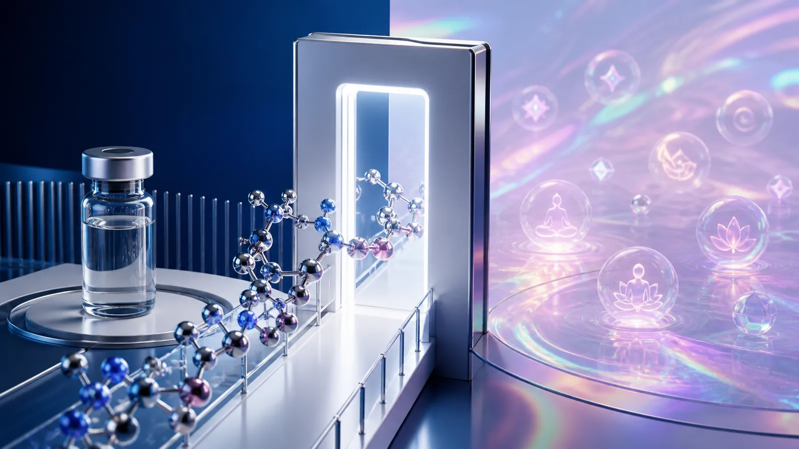 Abstract growth-hormone molecule crossing a narrow approved-indication gate beside a separate anti-aging claim field