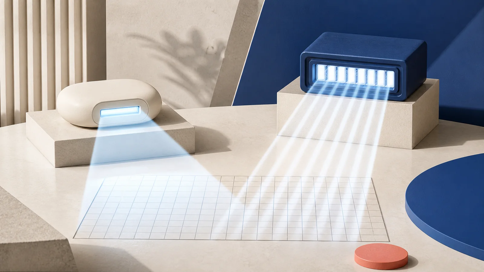 Compact home light aperture beside a calibrated clinic light array with distinct beam patterns