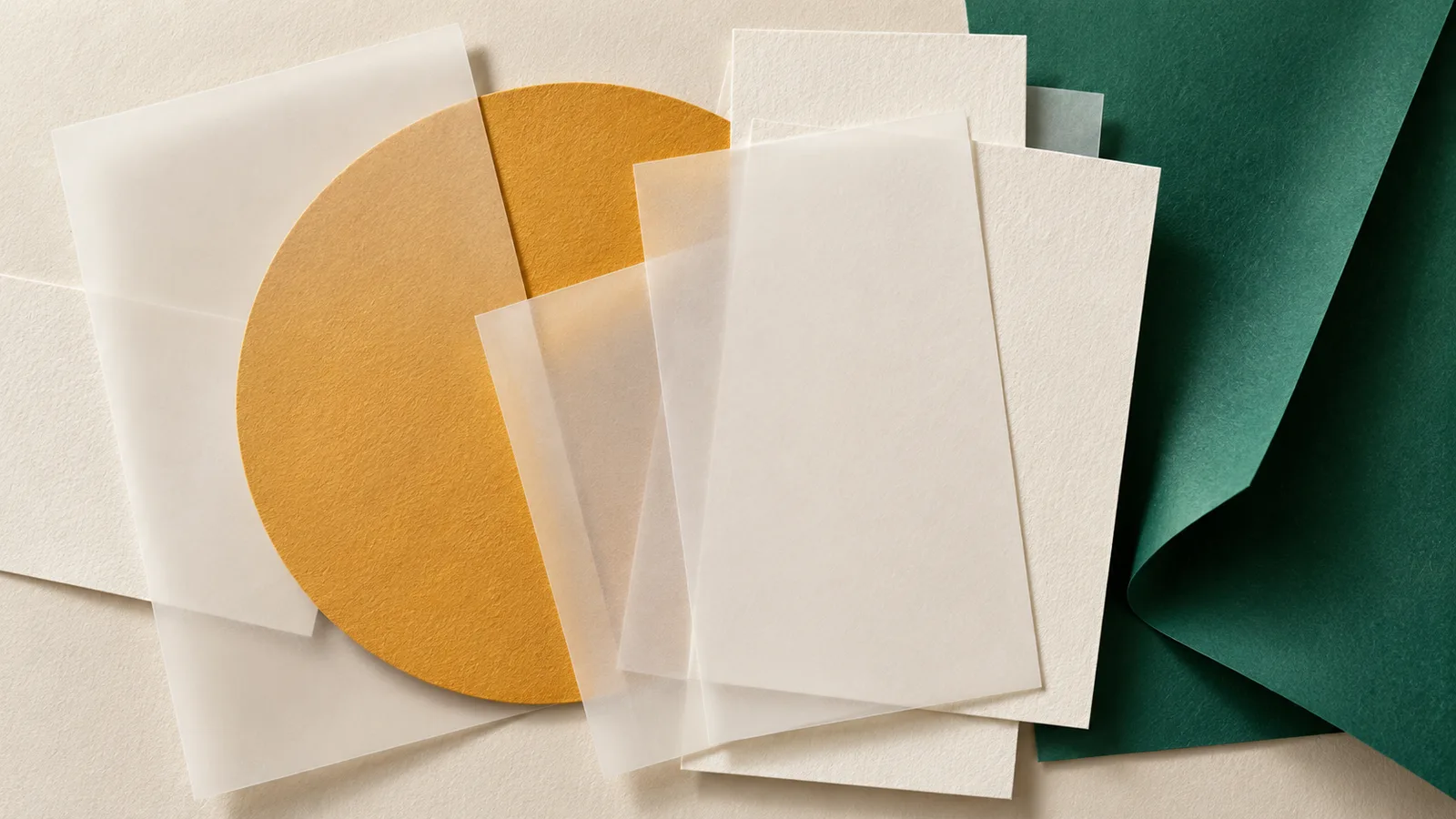 Layered translucent sheets and blank receipt shapes in warm mineral colors