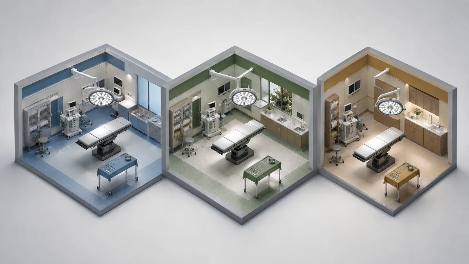 Isometric triptych of hospital, surgical center, and office procedure rooms with the same neutral equipment