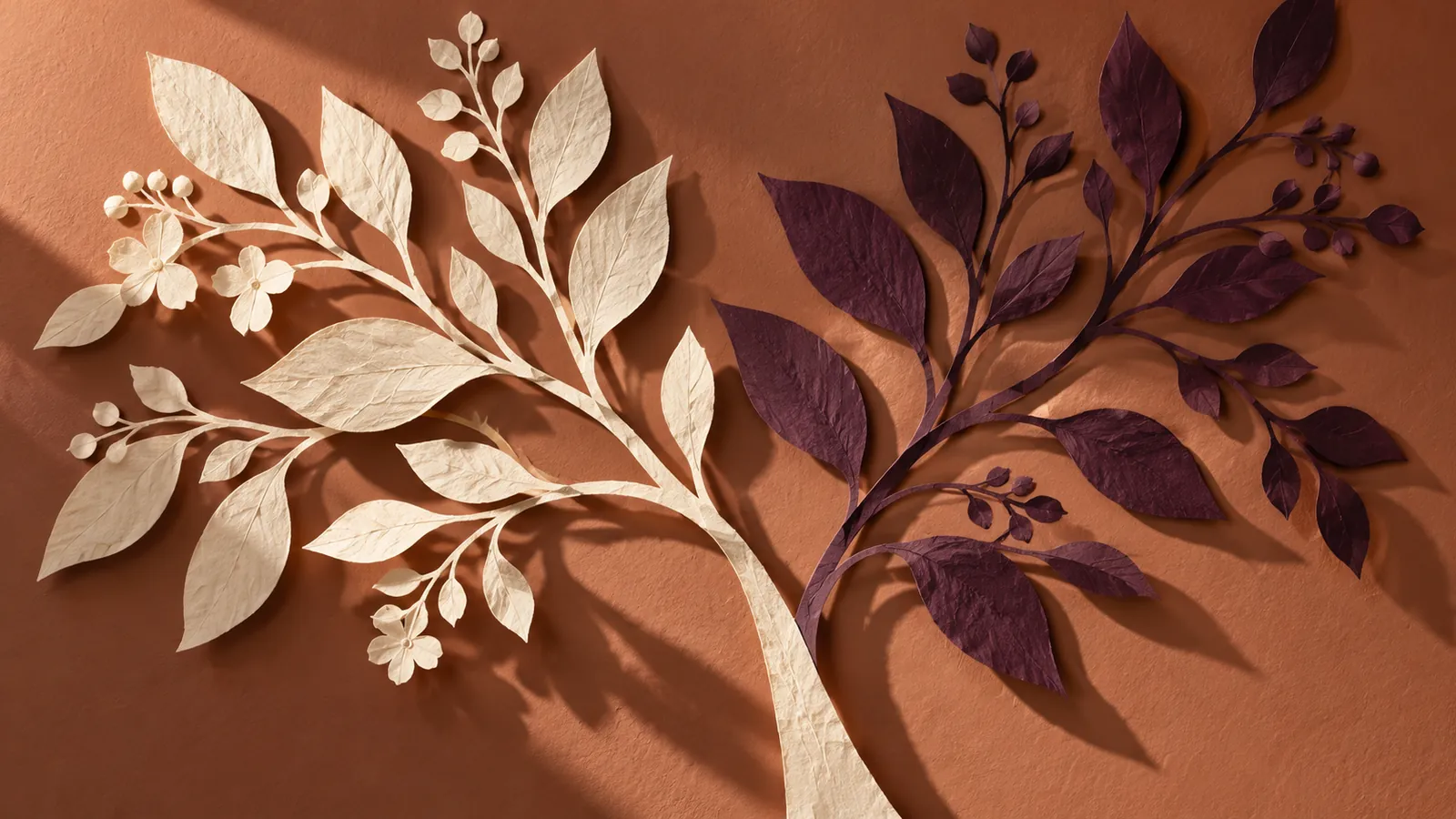Interlacing botanical branches in muted coral and blue with distinct individual leaves