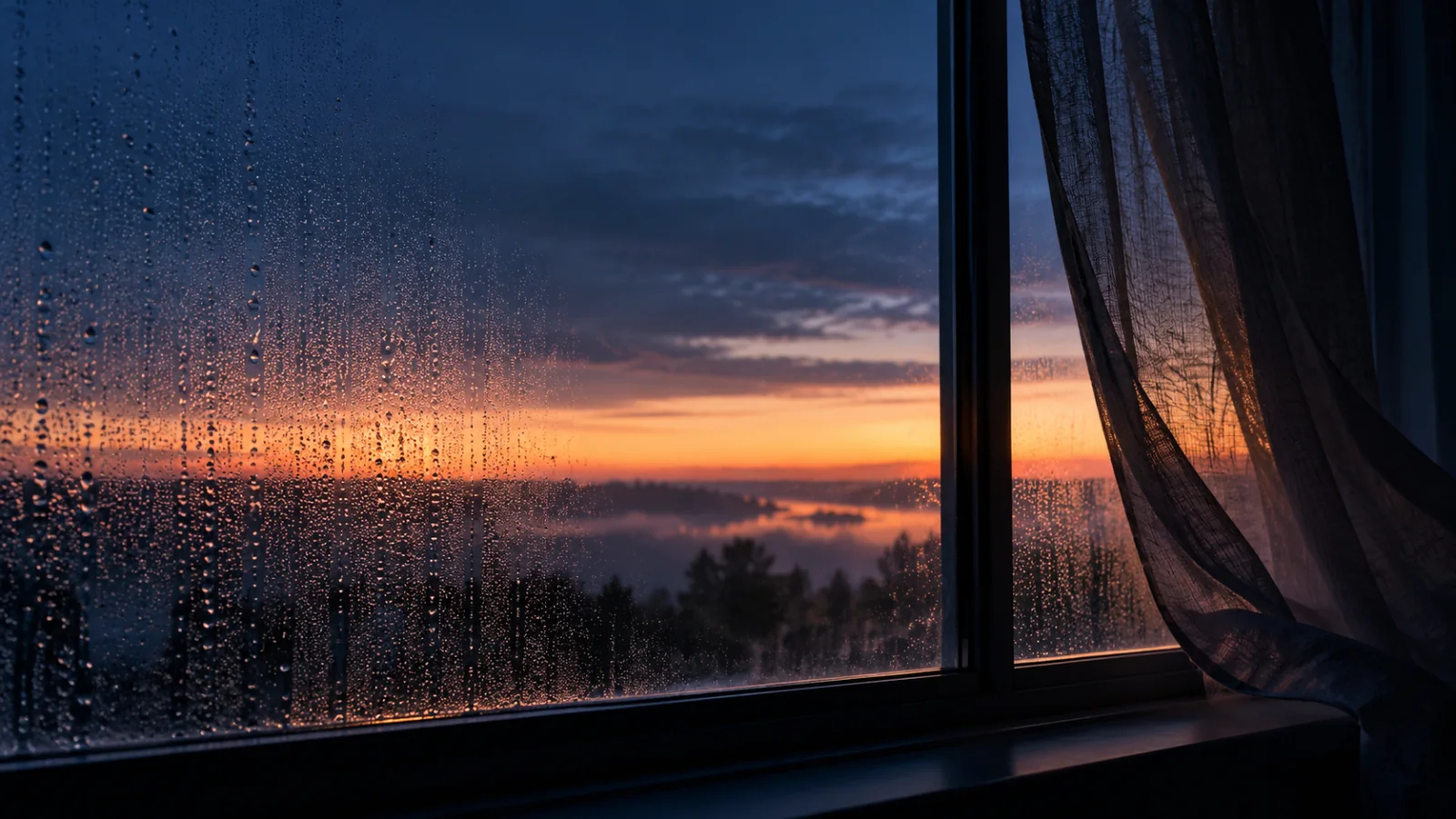 Predawn light and condensation on a quiet window evoke interrupted sleep without a patient
