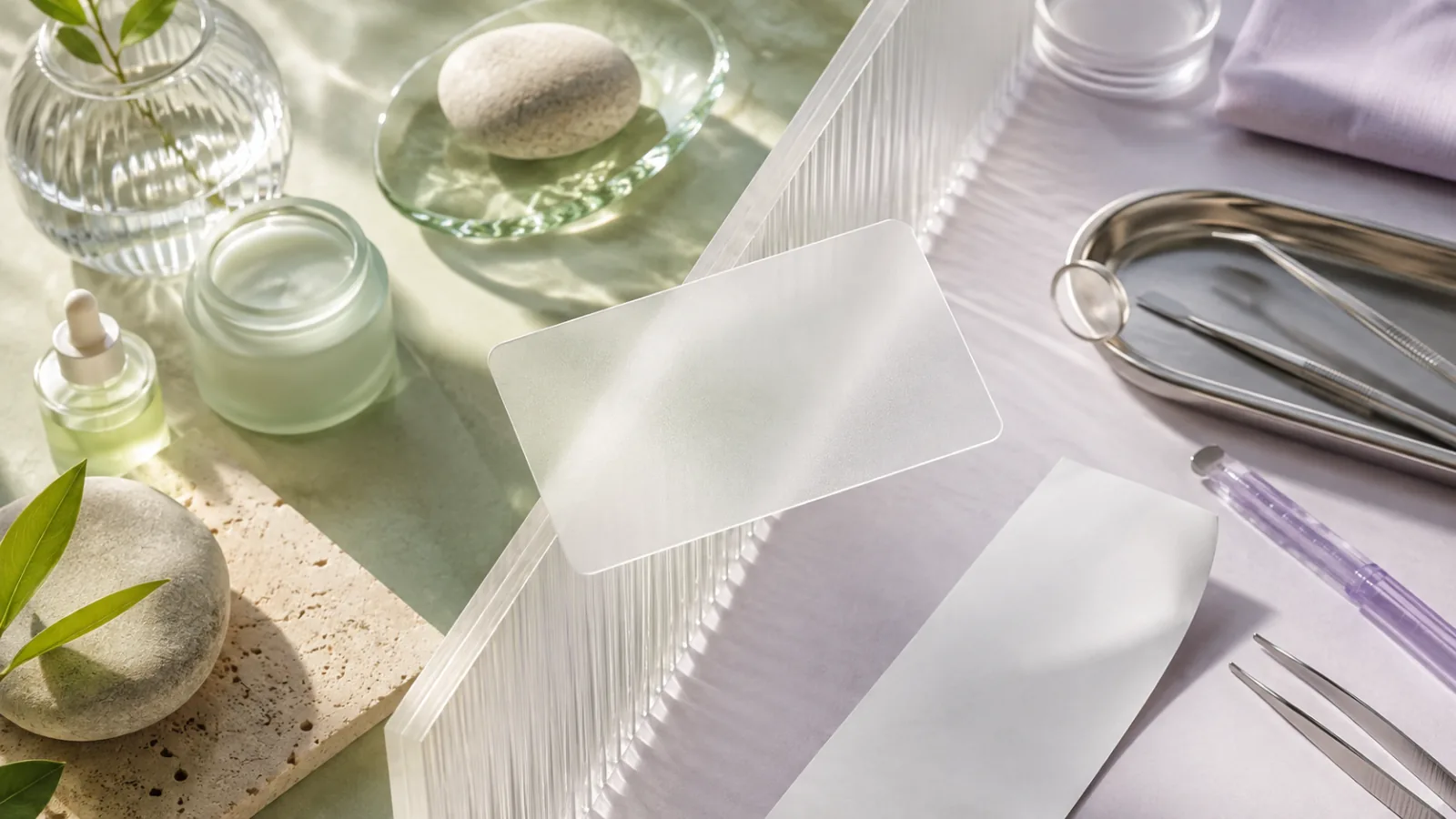 Blank payment card above a translucent boundary separating spa objects from clinical instruments