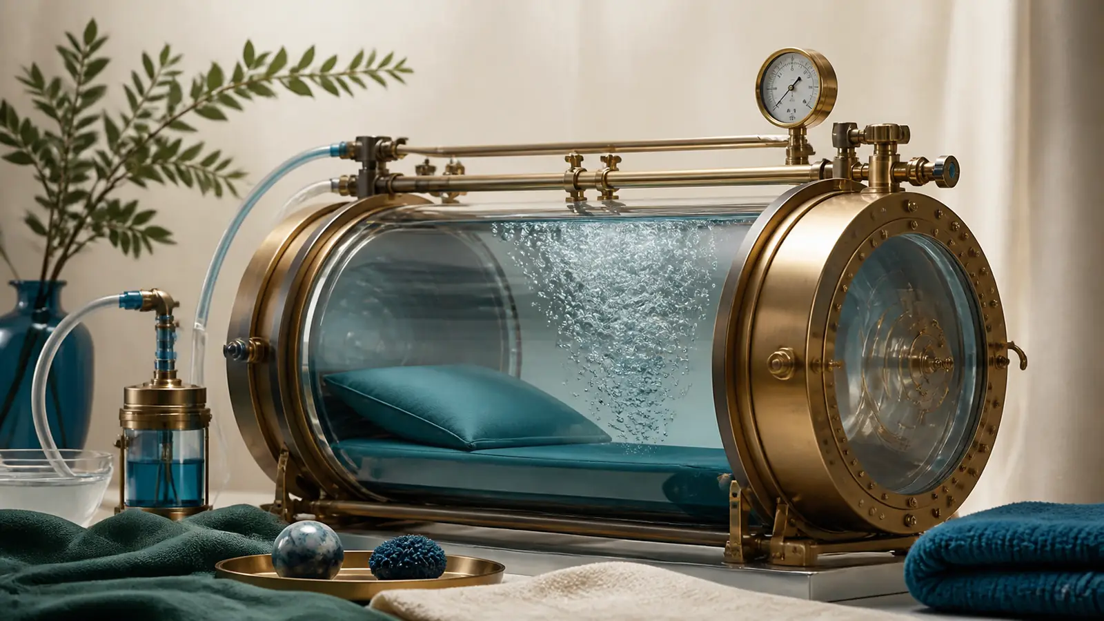 Reinforced transparent pressure vessel with brass rings and rising oxygen bubbles