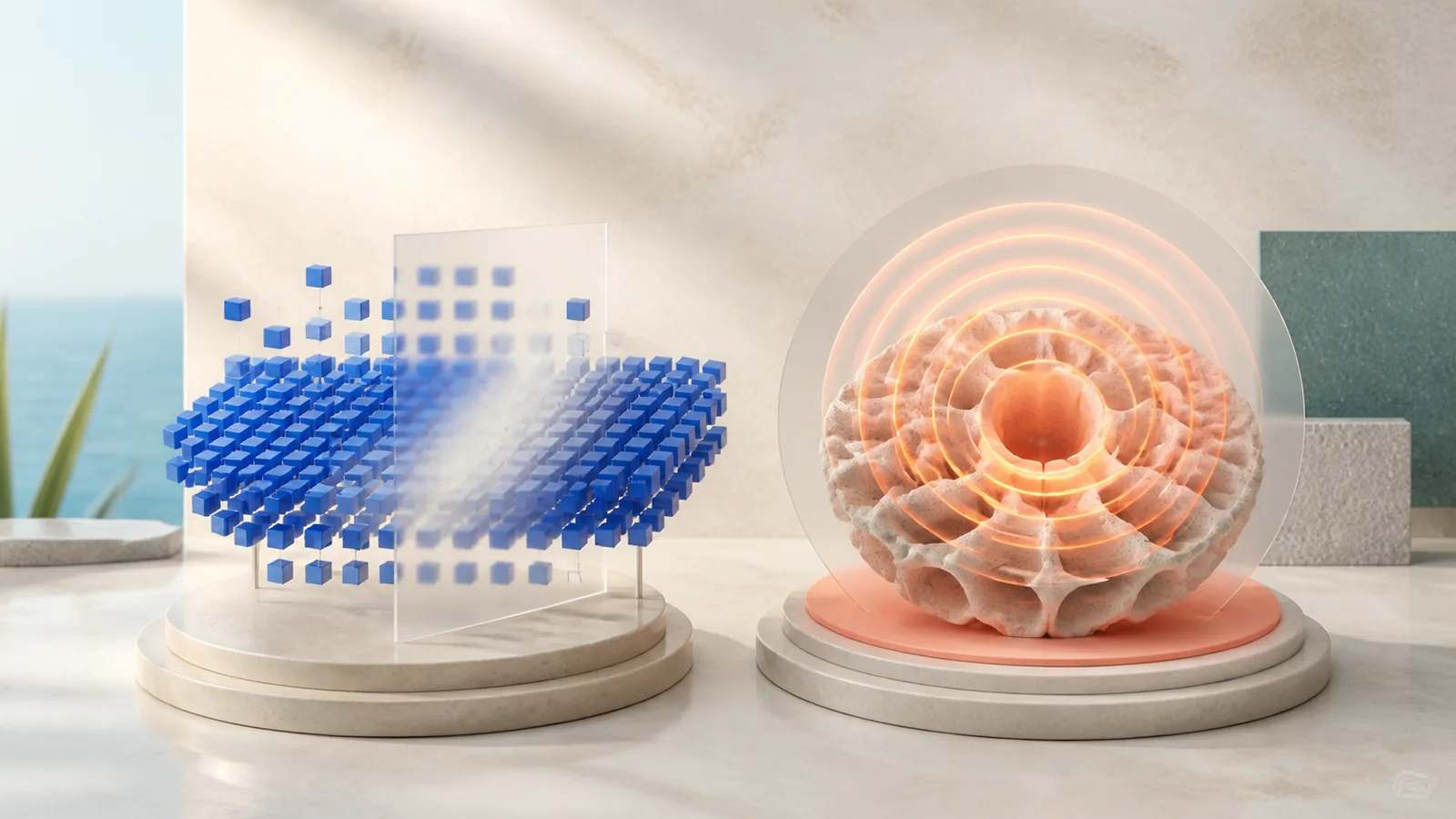 Two abstract underarm treatment routes represented by blue signal blocks and warm energy rings