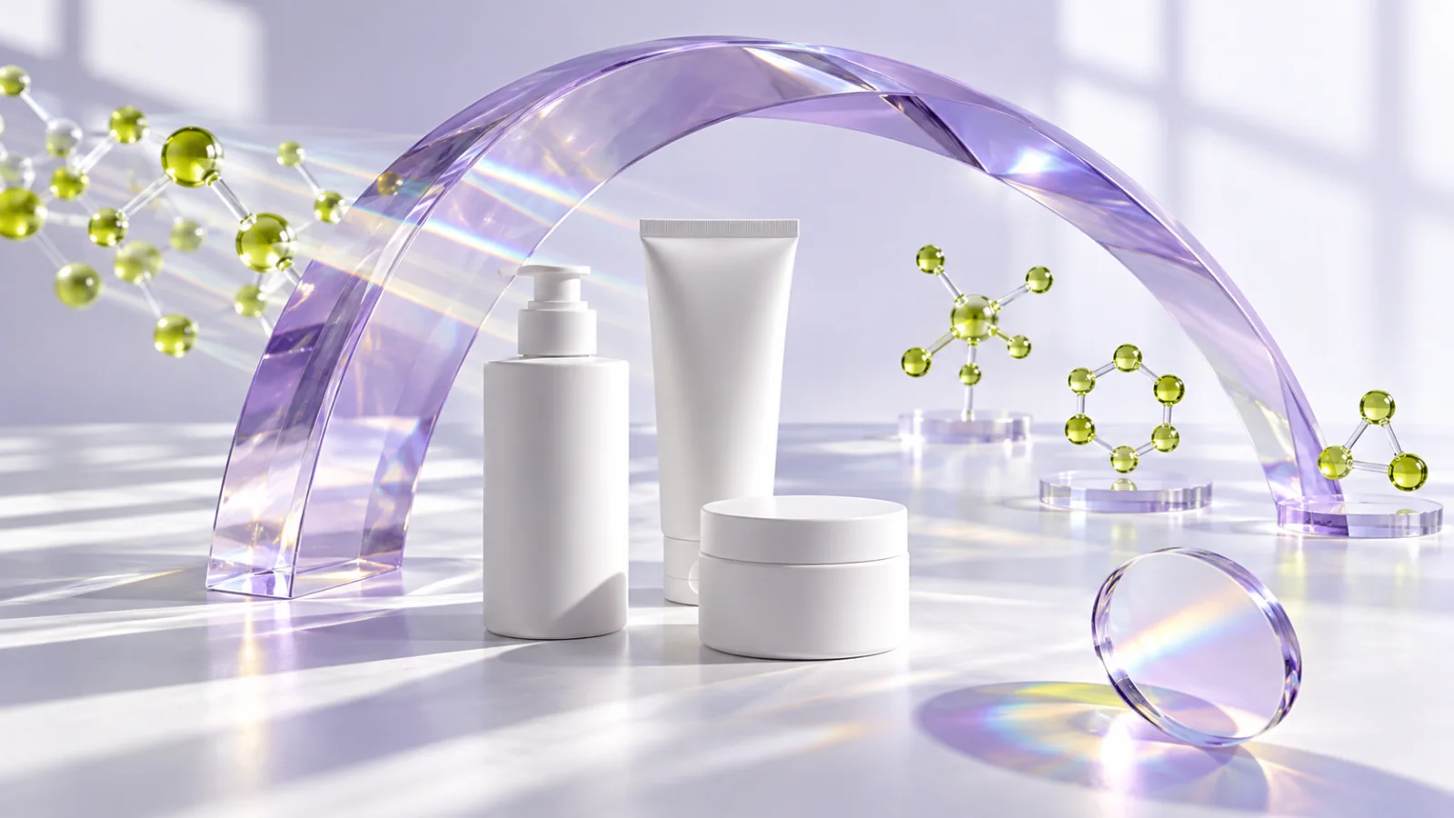 Minimal skincare bottles passing through an ingredient and claim verification lens