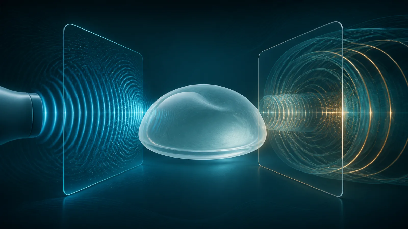 A translucent shell viewed through two separate abstract scanning fields representing ultrasound and MRI