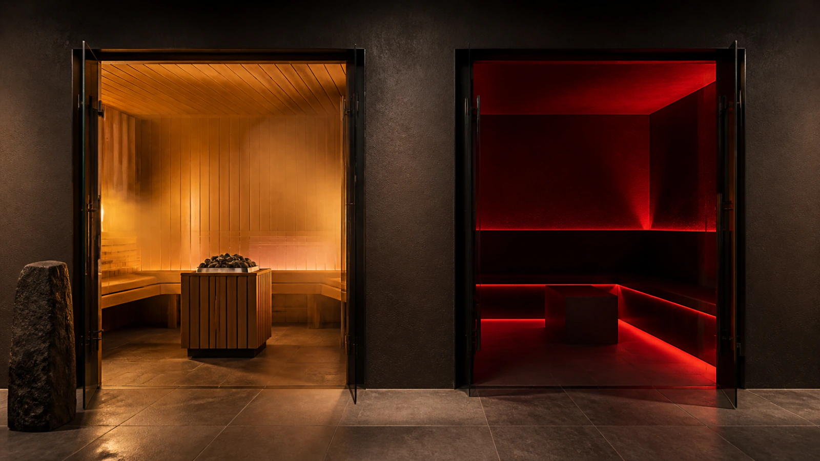 Infrared radiant-panel cabin and traditional stone-heater sauna compared with temperature, humidity, timer, and endpoint gauges