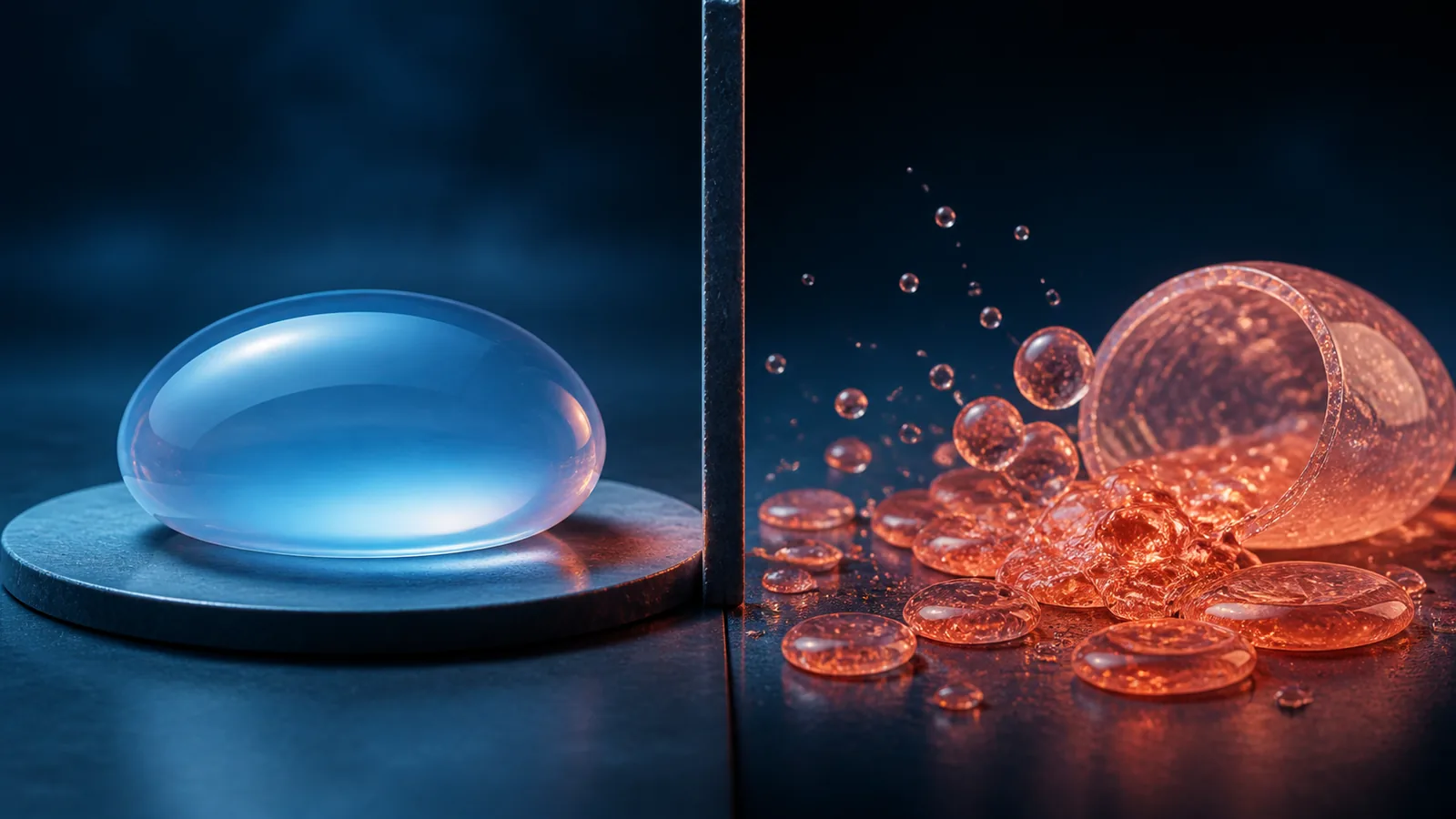 A sealed blue translucent form contrasted with loose coral droplets escaping an open vessel