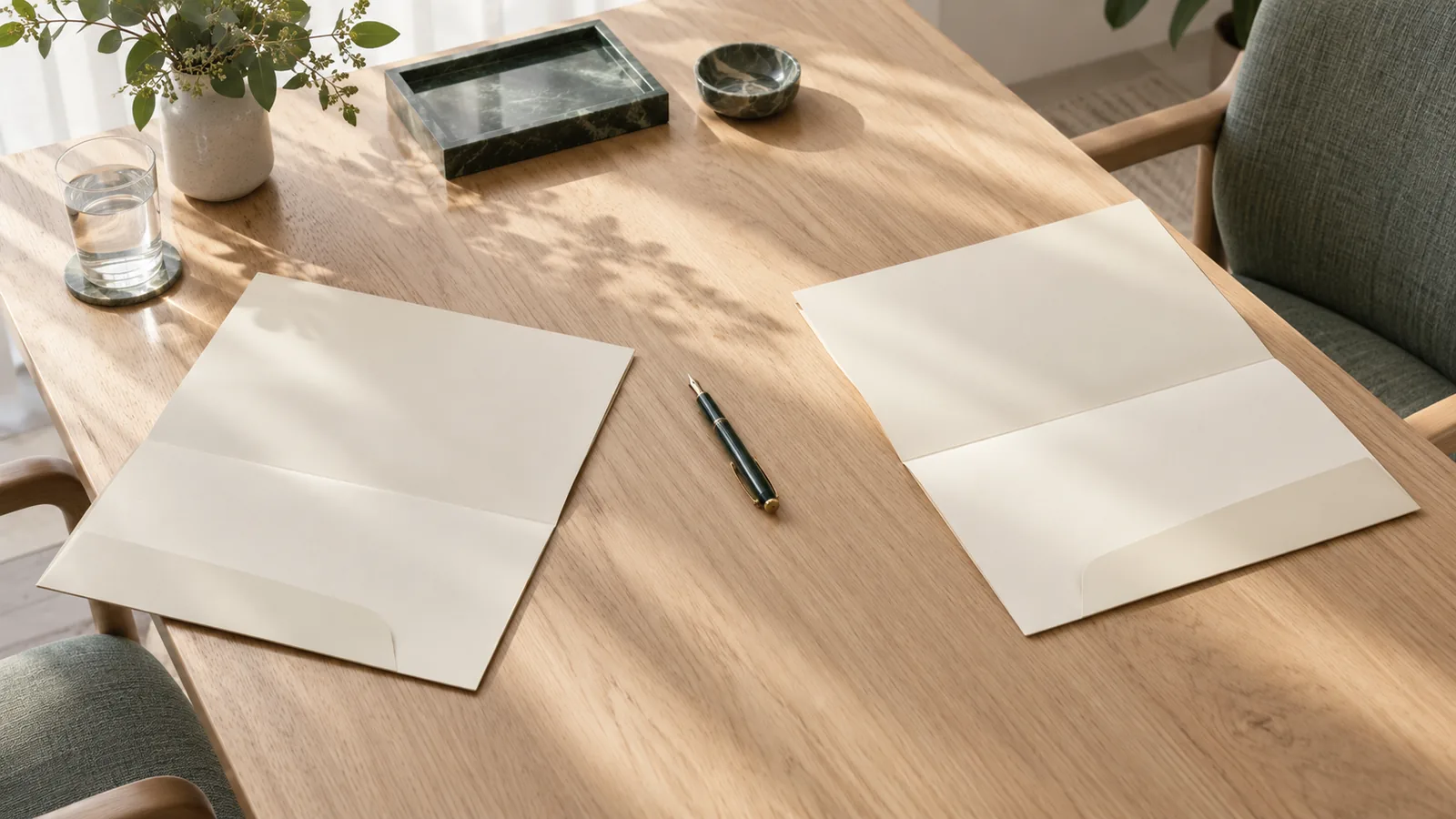 Two open blank folders facing each other across a light oak table with a pen between them