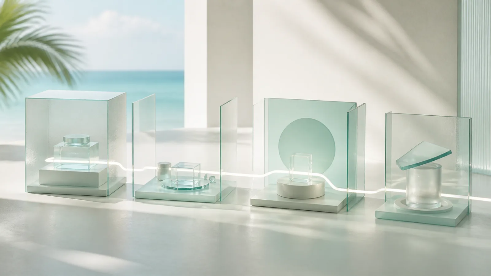 Four clean glass preparation zones connected by one unbroken illuminated pathway