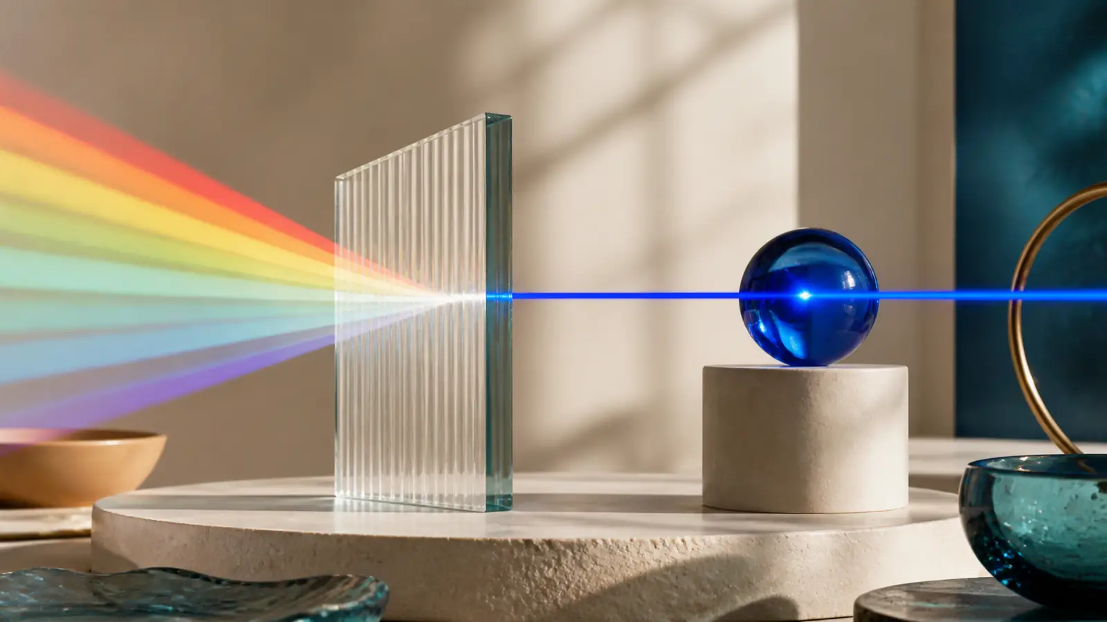 A fan of colored light and one precise cobalt beam passing through sculptural glass