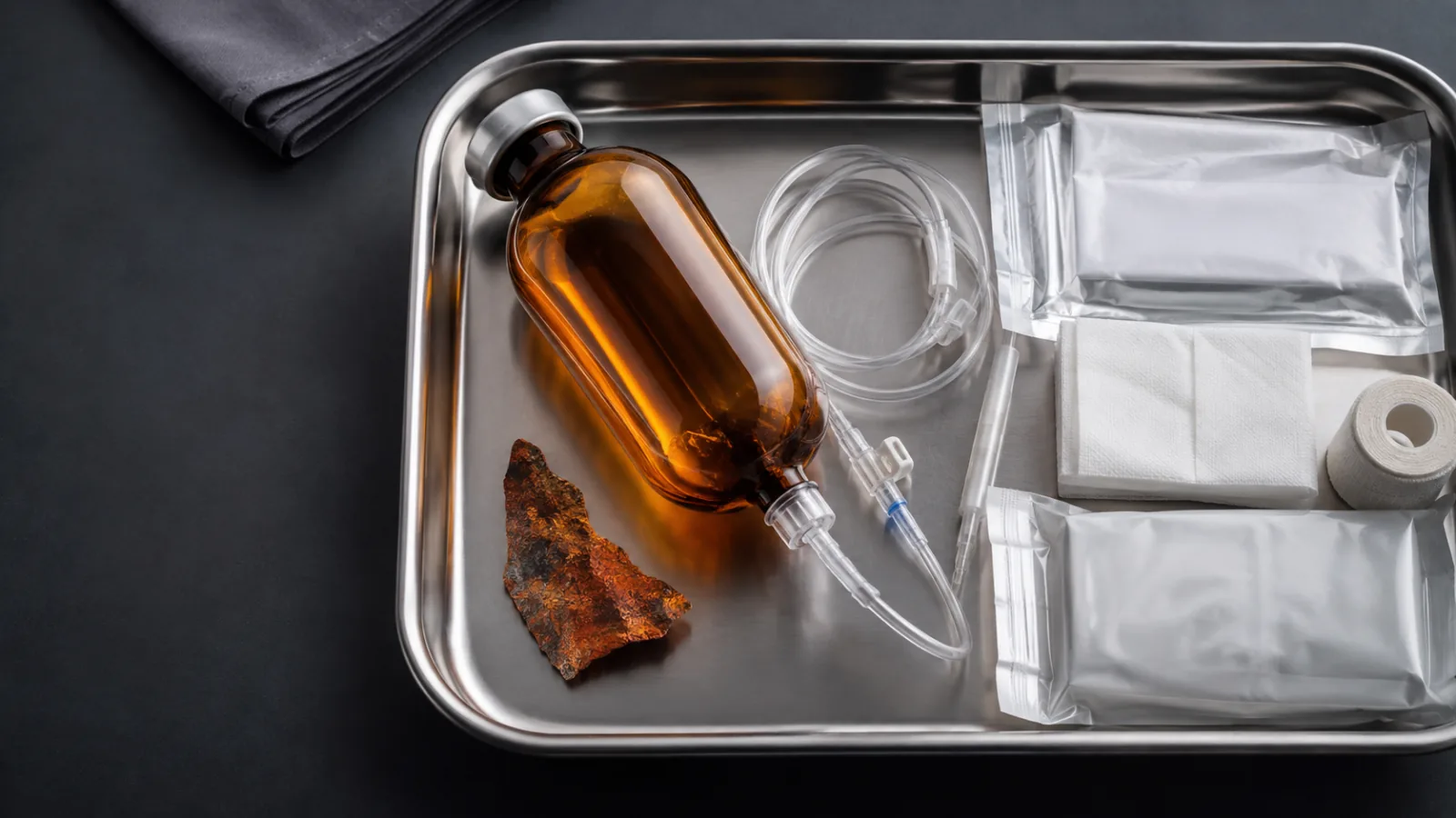 Unlabeled iron-colored infusion vessel and tubing arranged with sealed monitoring supplies on a clinical tray