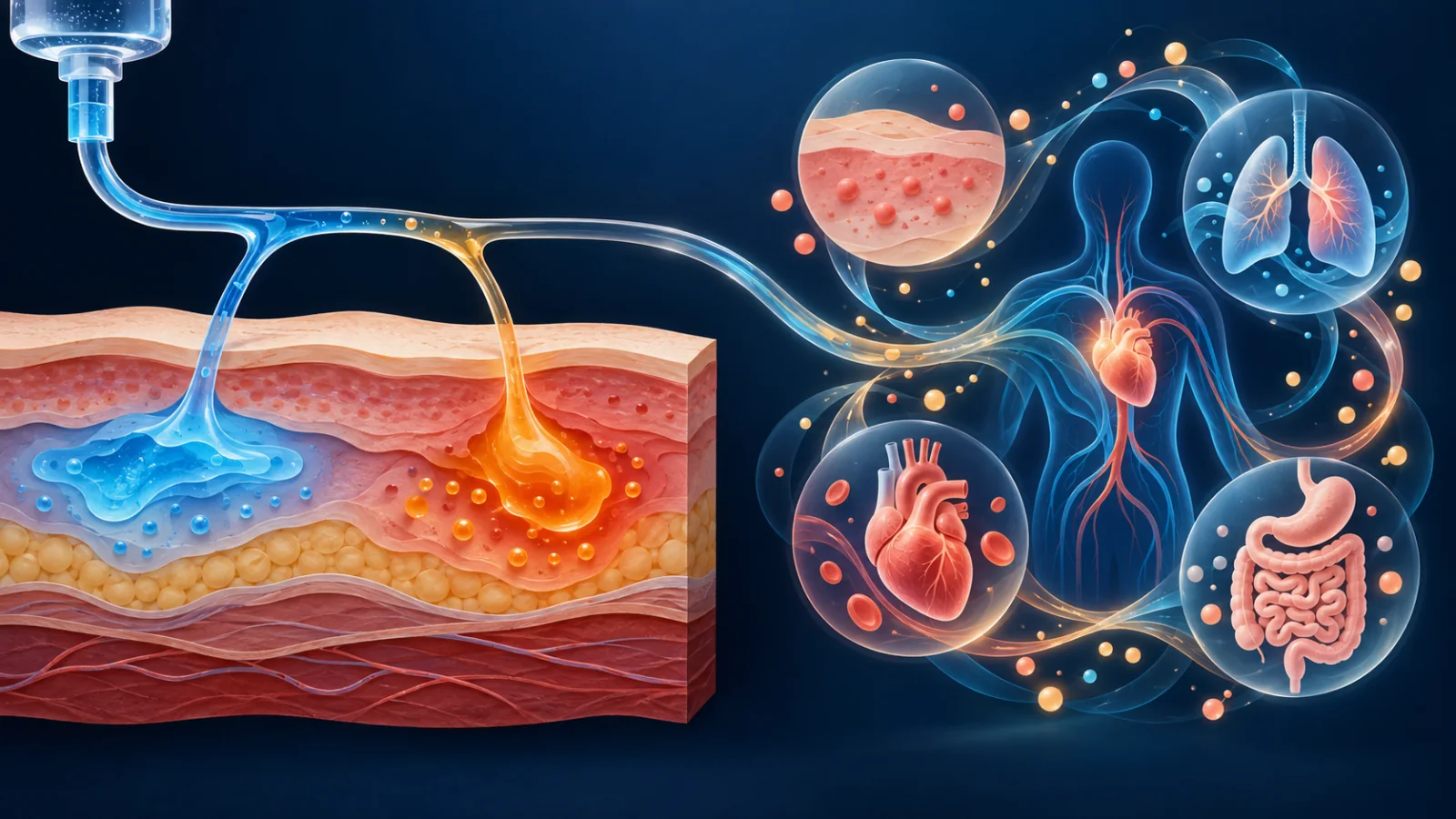 An IV pathway split into a local tissue leak map and a separate whole-body reaction signal map