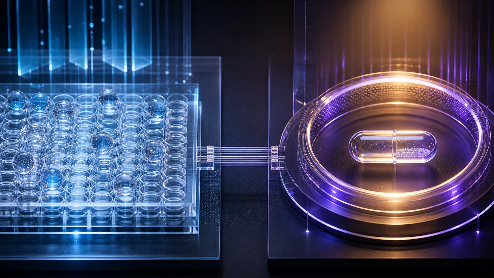 A calibrated grid of glass wells connected to a separately illuminated capsule inside an evaluation ring