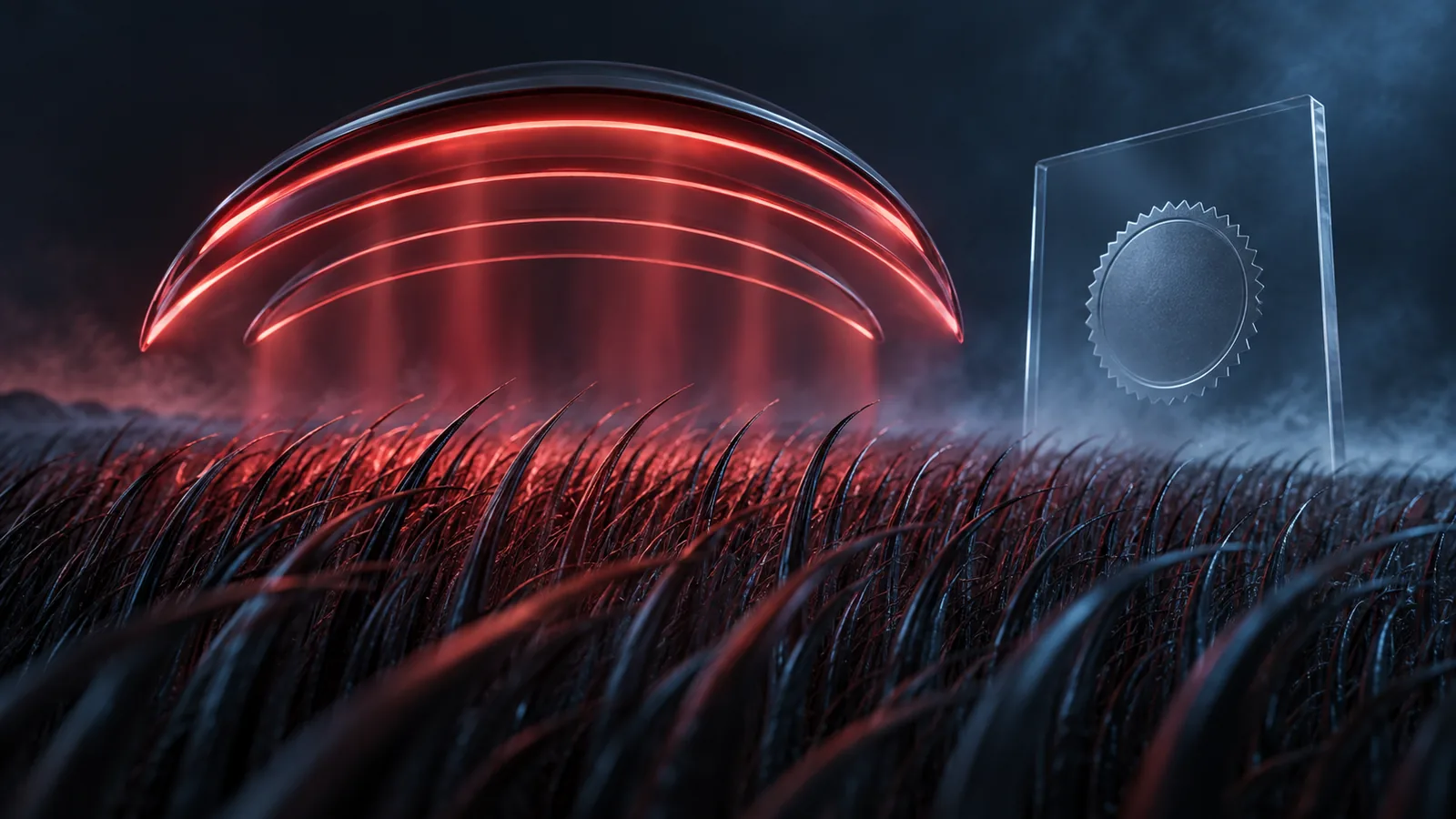 Abstract halo of red light above a neutral hair-follicle field with a device-record motif