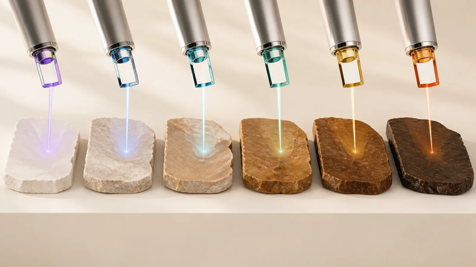 Six calibrated light beams meeting material tiles across a range of skin-tone colors