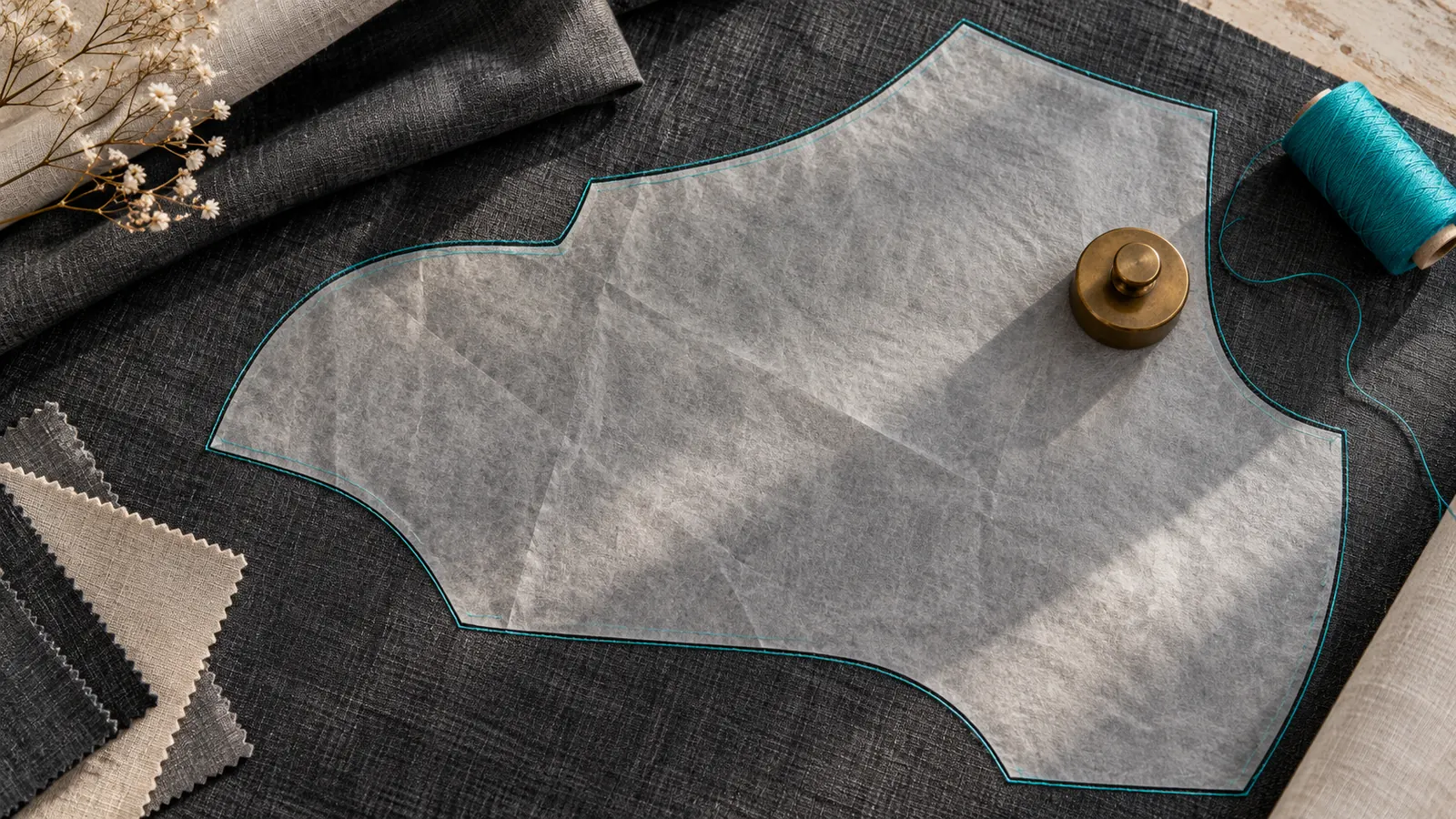 Translucent pattern piece outlined in turquoise thread on charcoal fabric