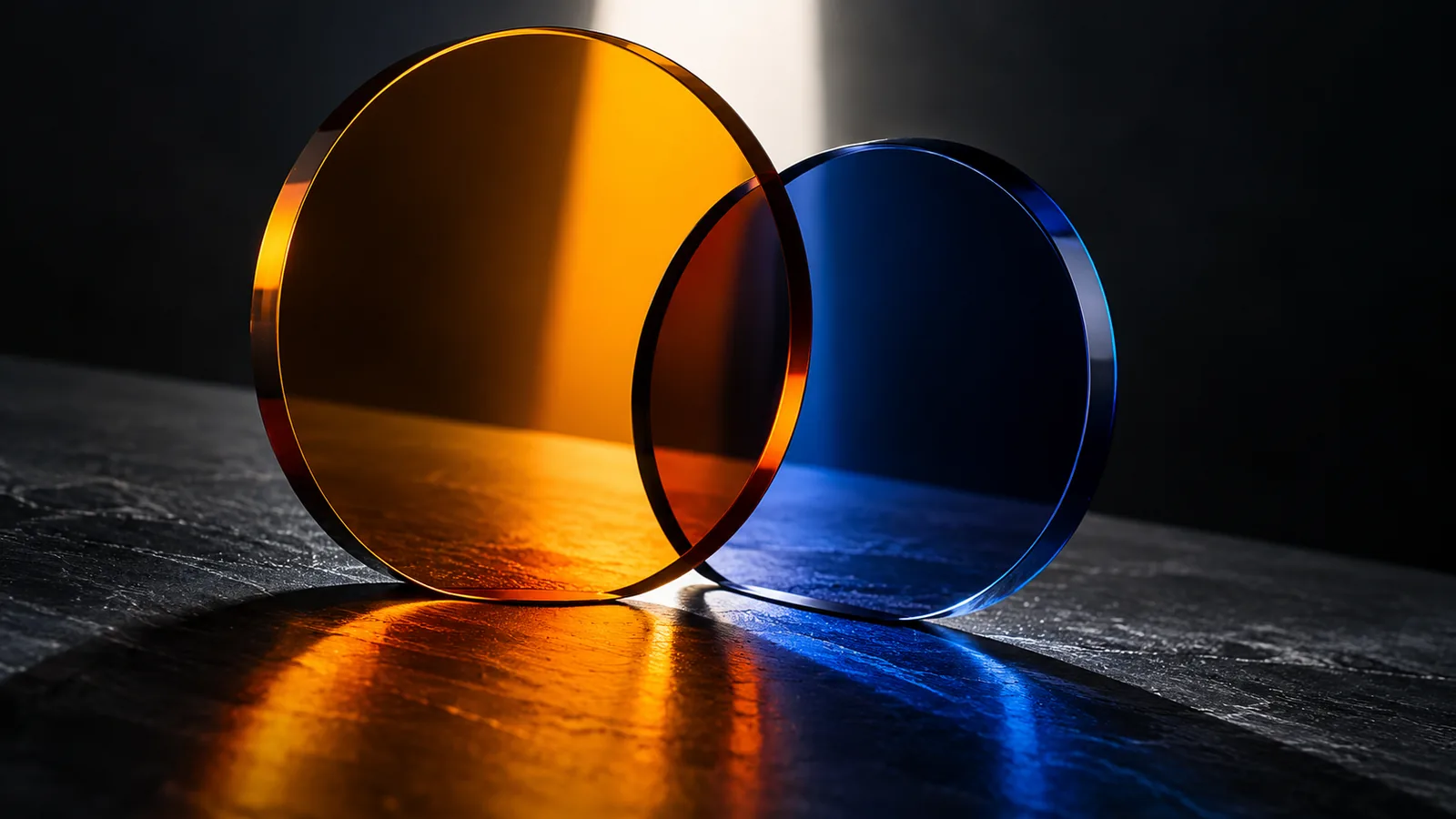 Amber and indigo optical glass pieces on dark slate, an abstract study of light filtering