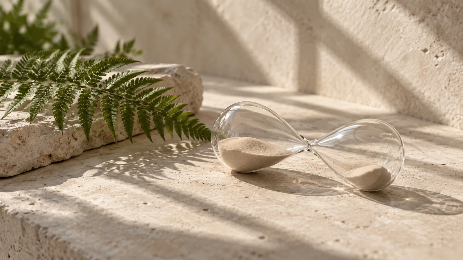 Horizontal hourglass resting beside a fern on sunlit limestone