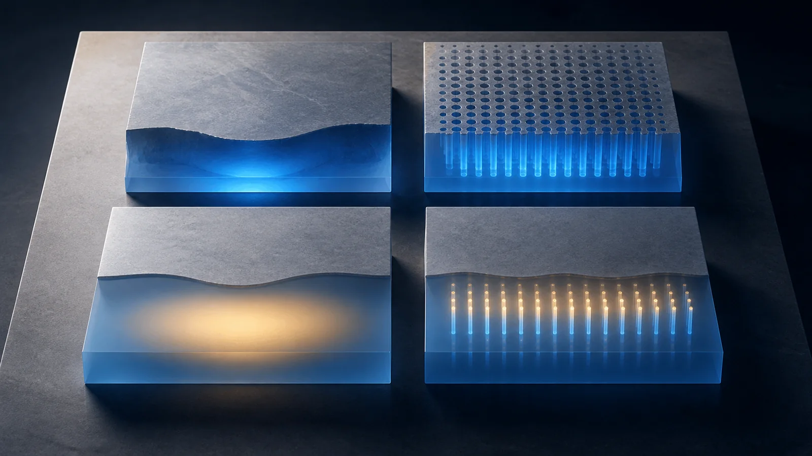 Full-field and fractional light patterns intersecting removable and intact translucent surface layers