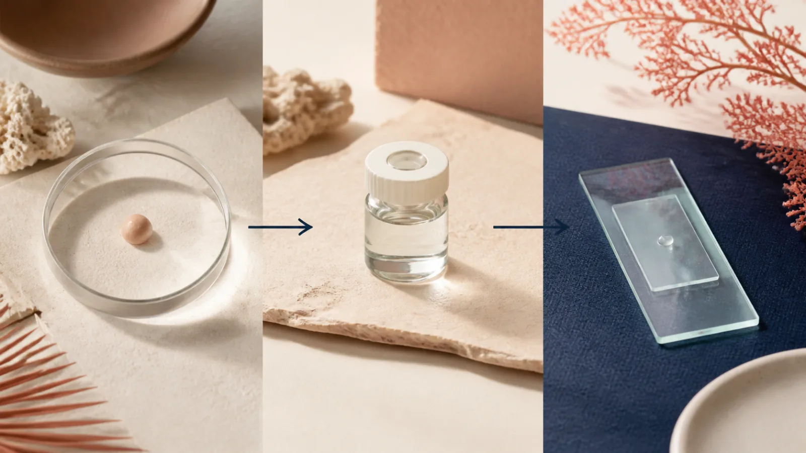 Abstract skin-surface forms moving through observation, specimen preservation, and a documented result pathway