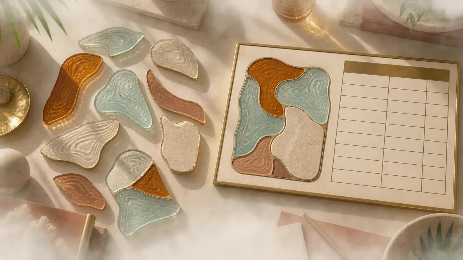 Transparent contour-map pieces assemble beside a complete text-free scope ledger