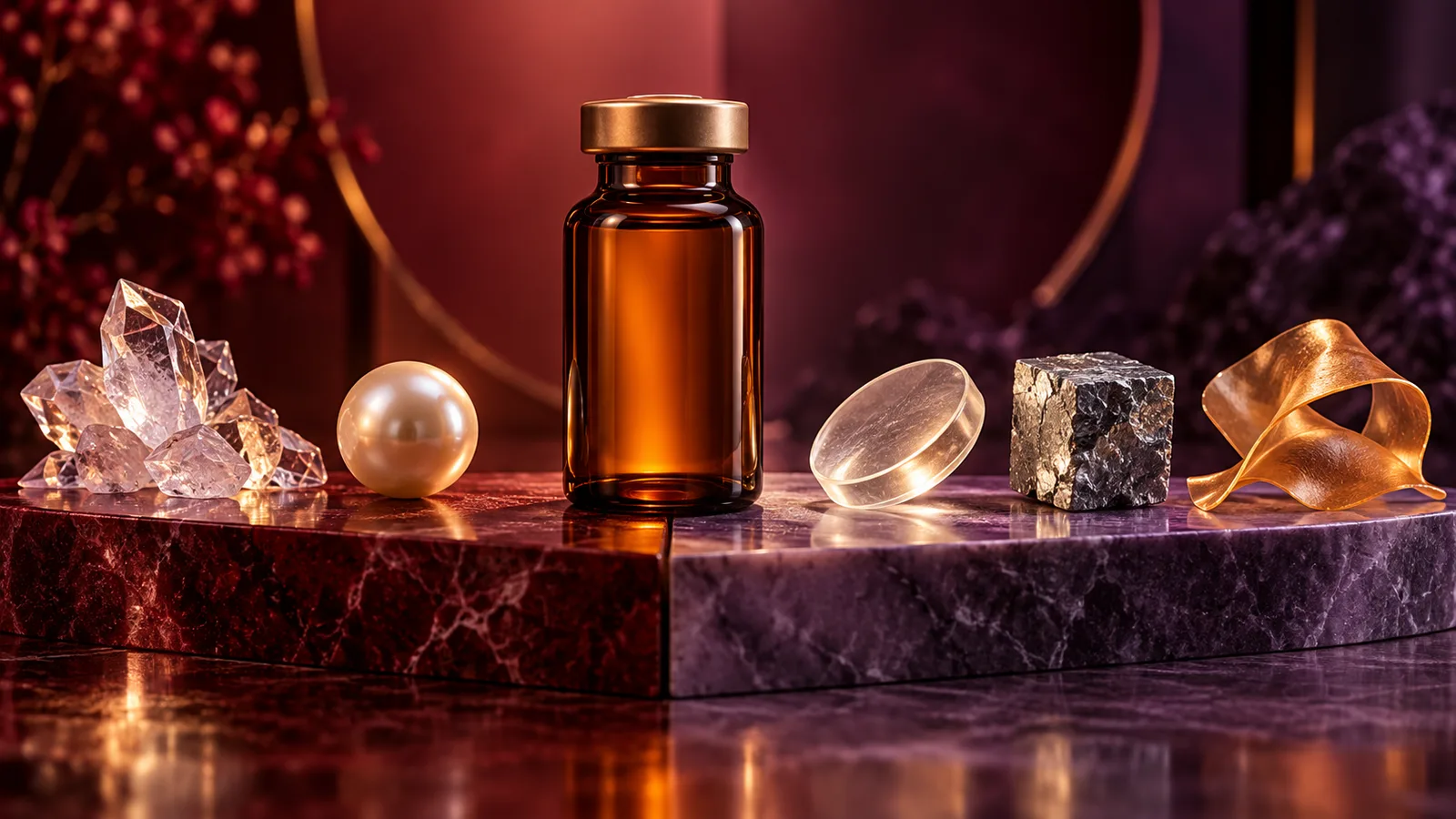 An unbranded amber vial separates into labeled-by-shape ingredient streams without any printed text