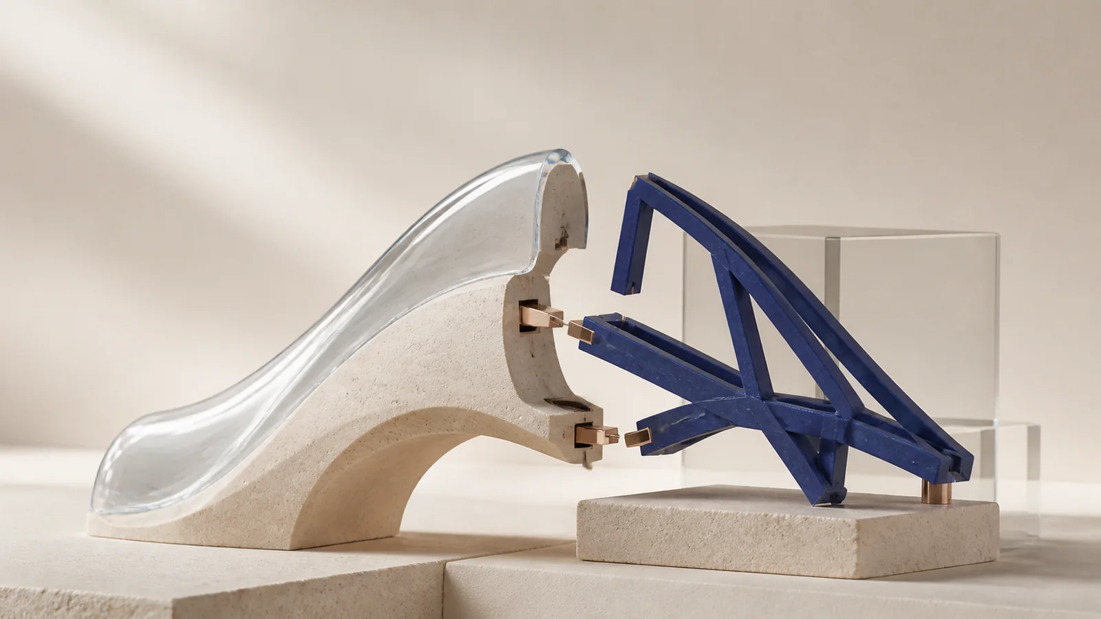 An additive translucent contour overlay beside a structural sculpting model of an abstract bridge