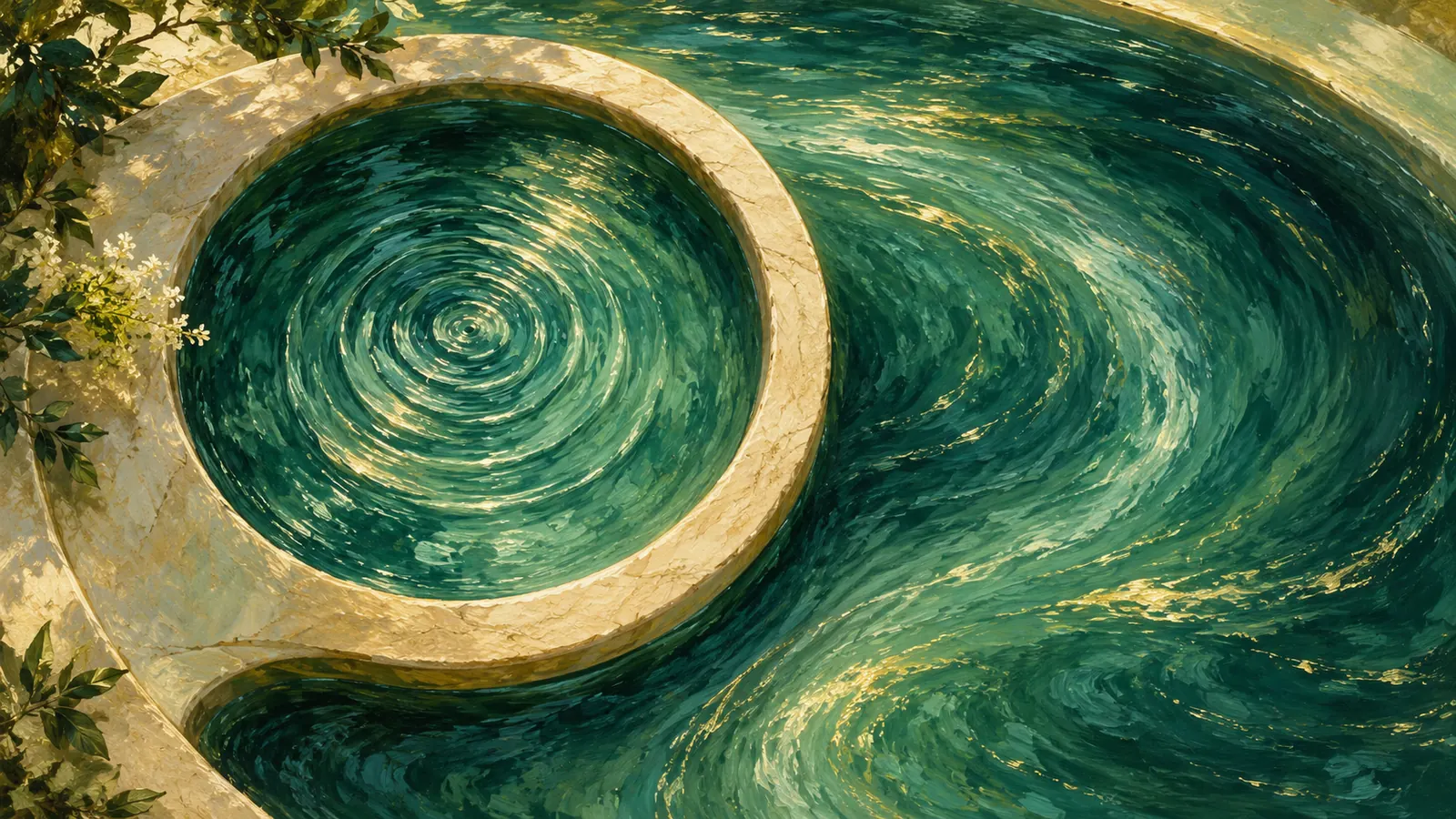 Painted jade ripples in an inset basin beside a broader flowing pool