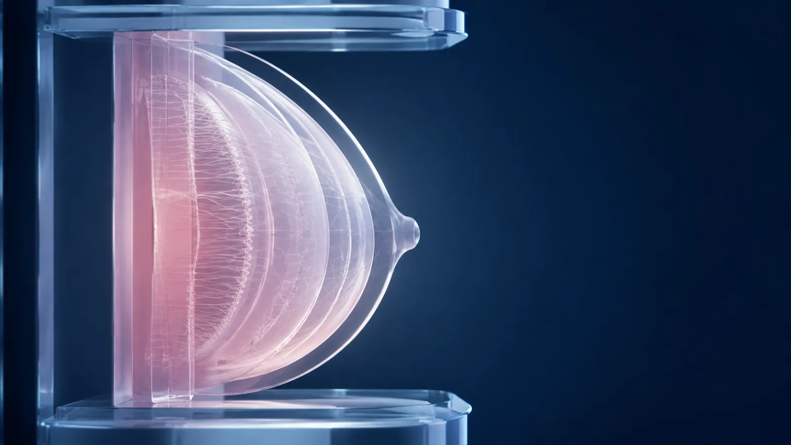 Layered translucent breast model positioned between clear imaging plates with subtle surgical geometry
