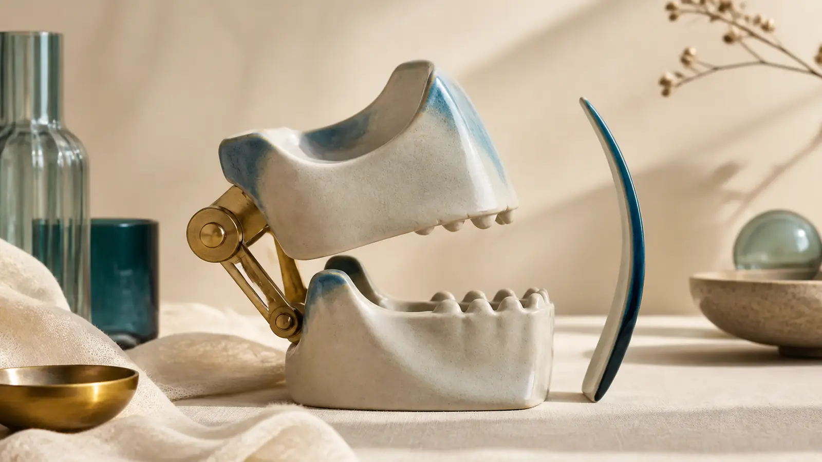 Ceramic jaw-hinge mechanism beside a separate slim contour arc