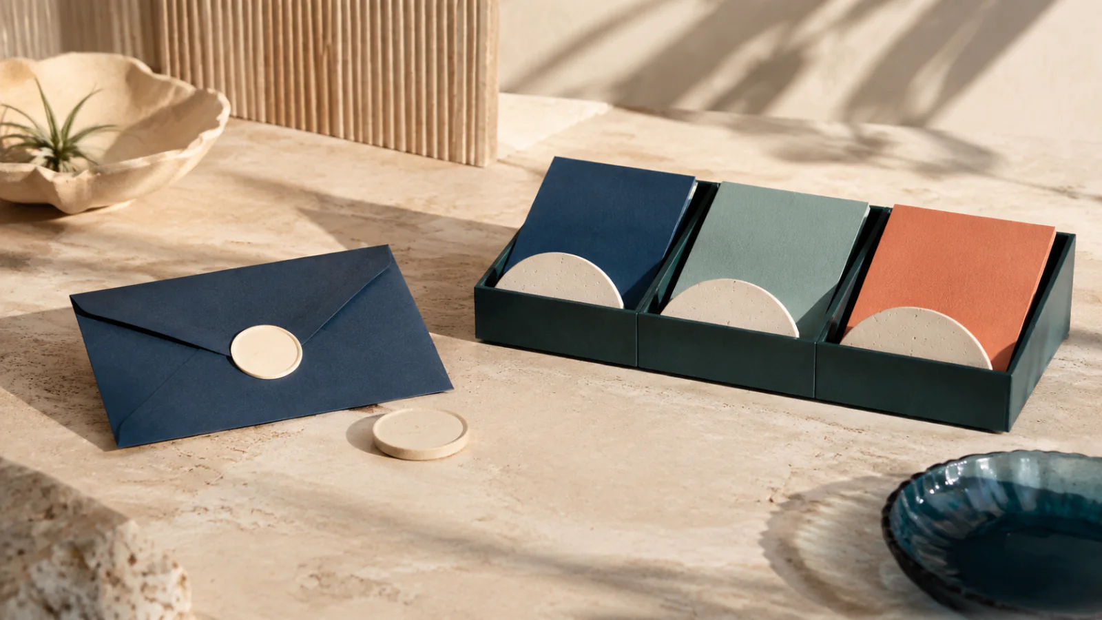 Editorial still life of a gift envelope, token, and separate service compartments