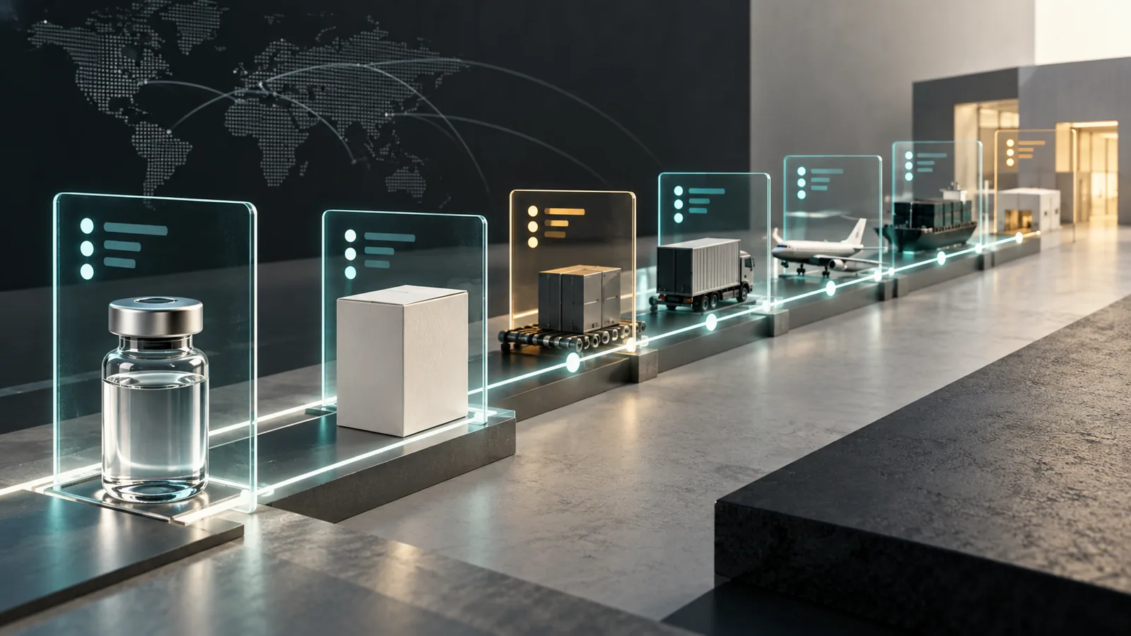 Unbranded injectable cartons and vials connected through a luminous traceability chain of lots and transactions