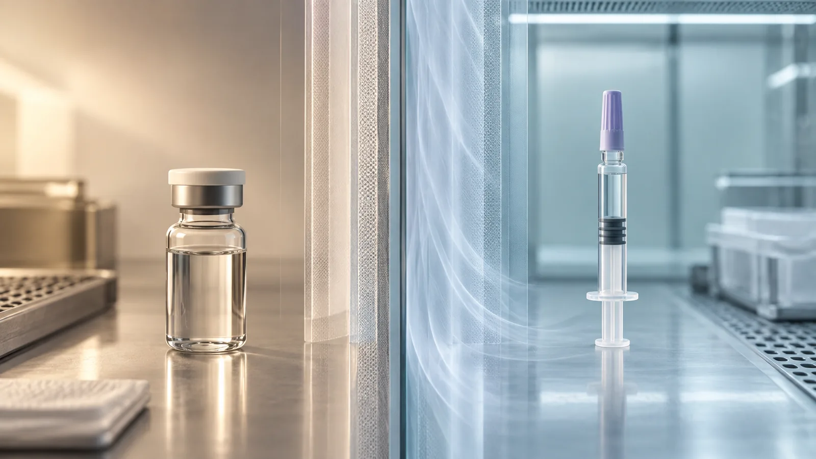 A sterile vial and sealed syringe separated by a clean-room threshold with lot-tracking elements