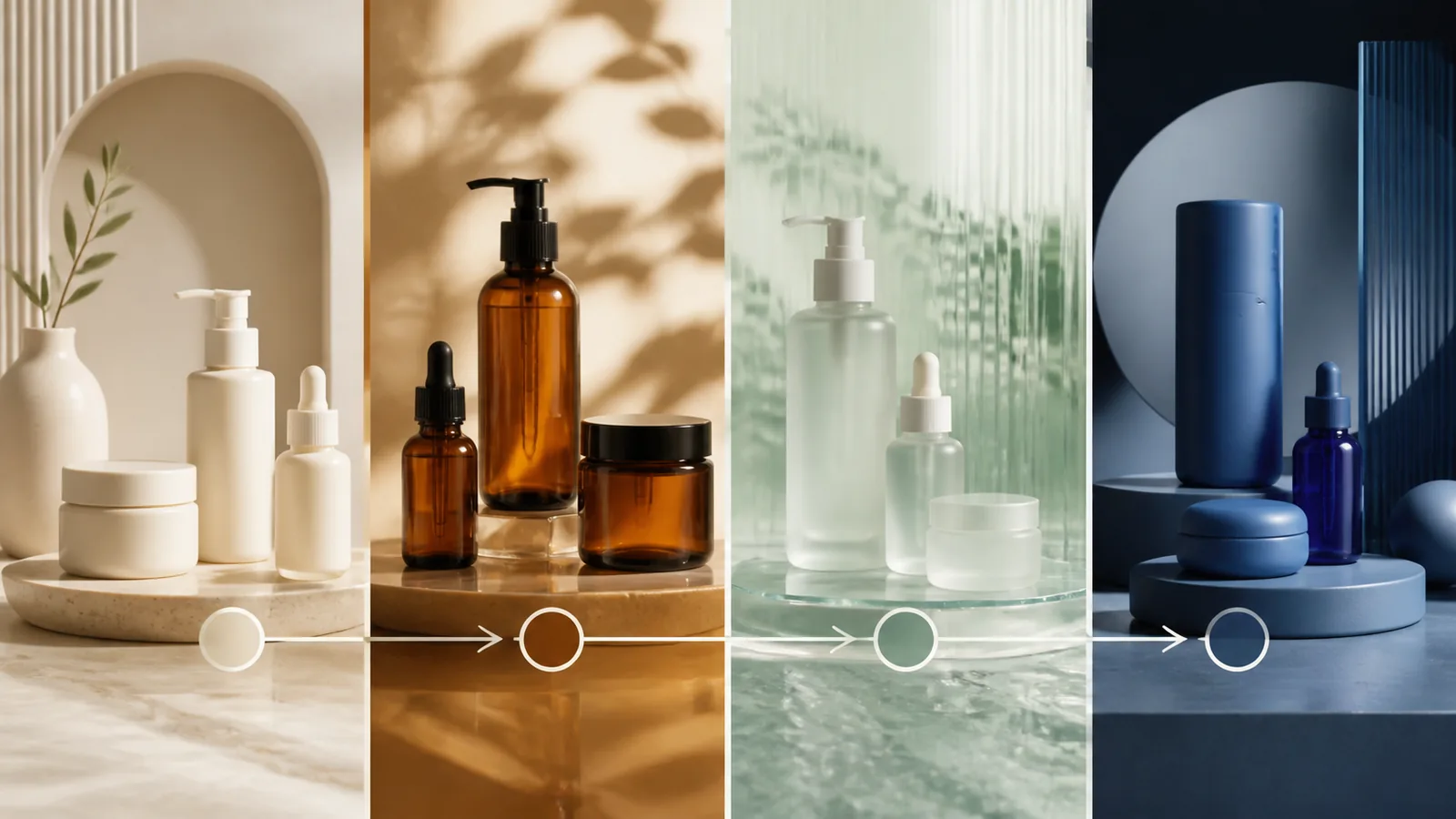 Unbranded skincare vessels arranged across distinct cosmetic, drug, and evidence pathways