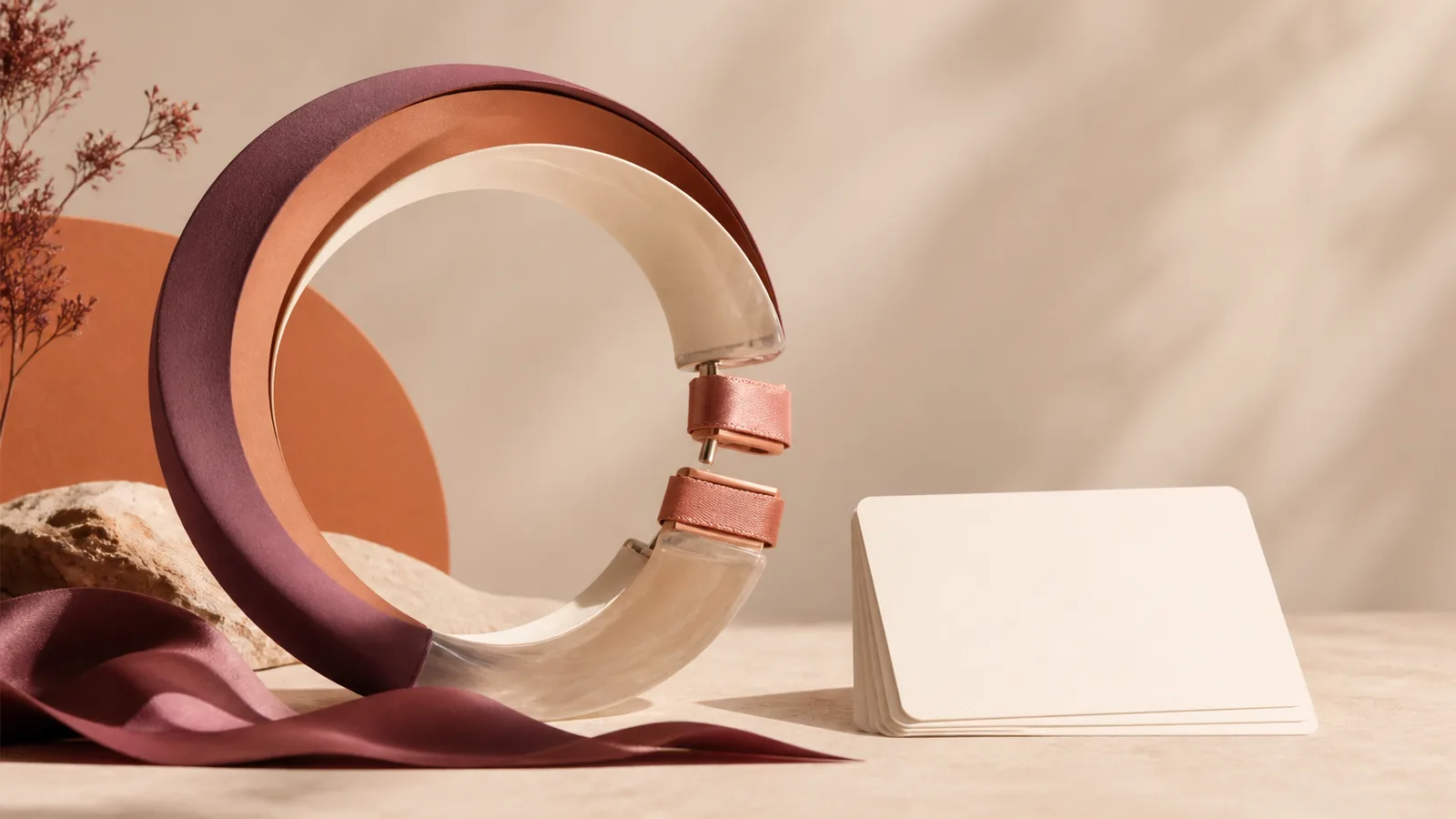 A warm sculptural loop with a clearly removable clasp beside a stack of blank cards