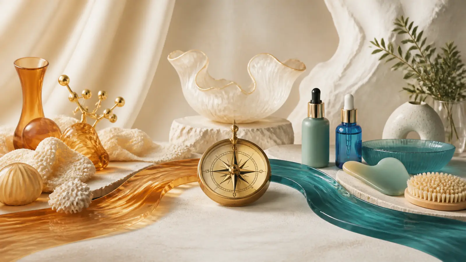 Separate amber and teal pathways meeting at a brass compass among abstract care objects