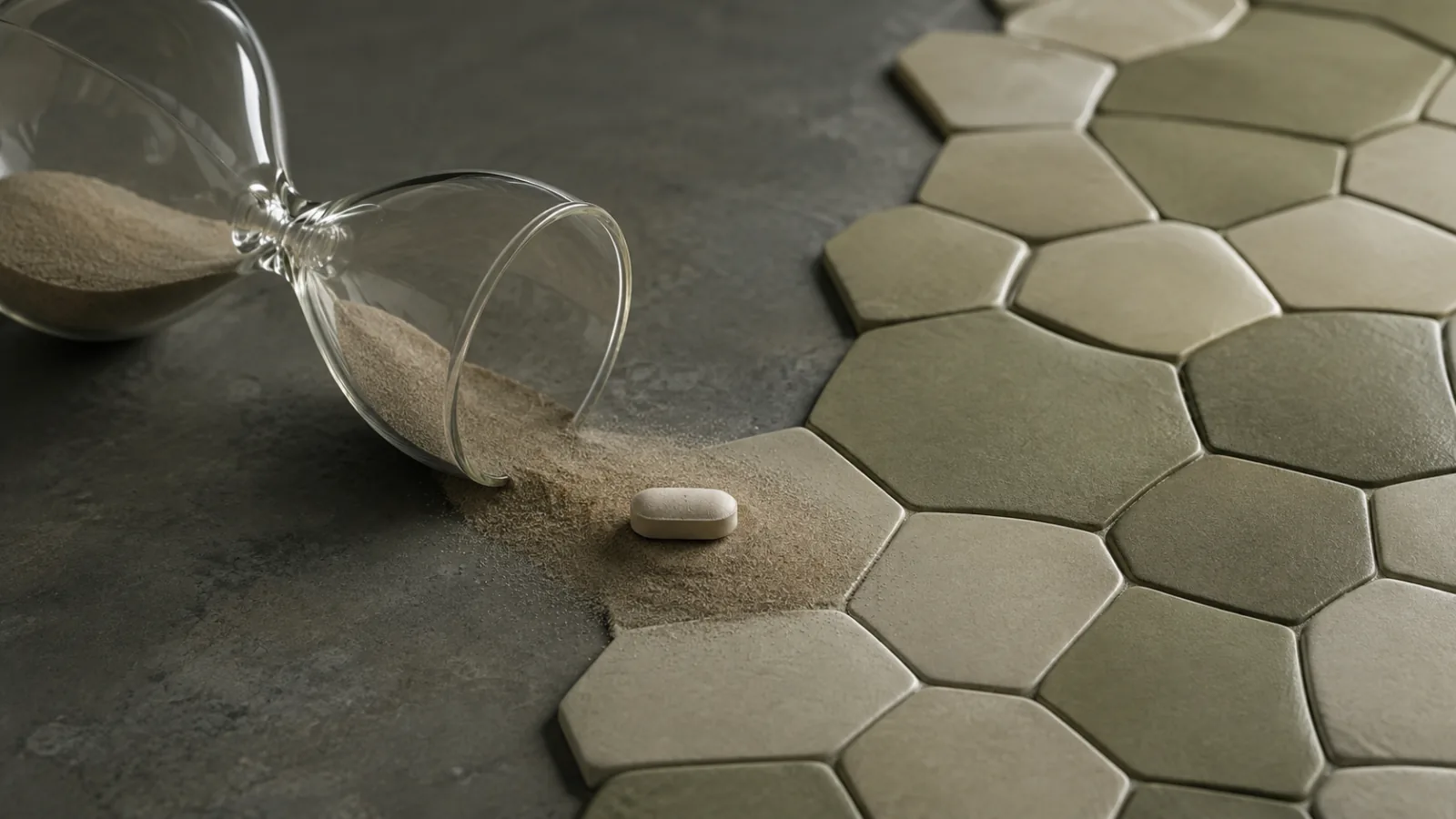 Generic tablet positioned between an open hourglass and a ceramic field of cell-like forms