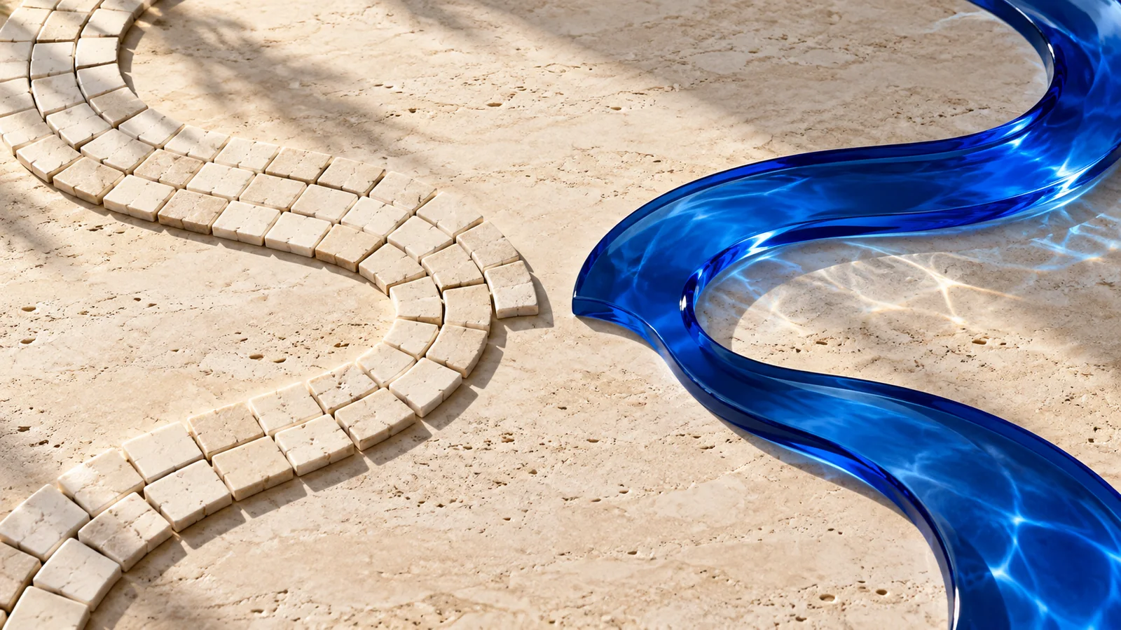 Ivory ceramic-tile path and cobalt glass path approaching a shared empty center