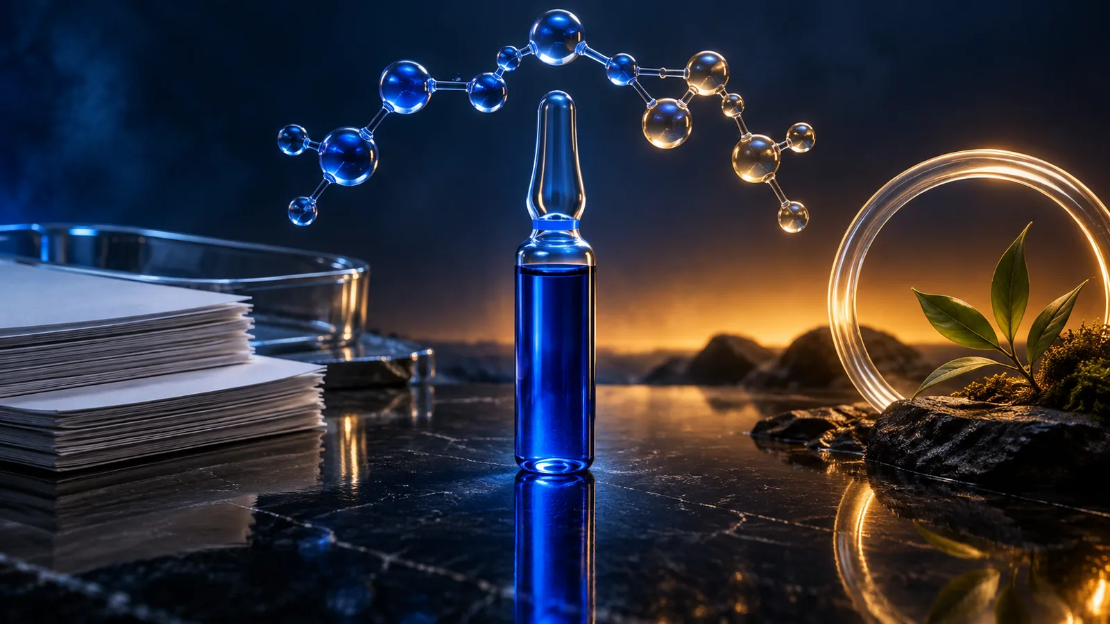 Cobalt ampule and molecular redox arc separated from an amber abstract wellness halo