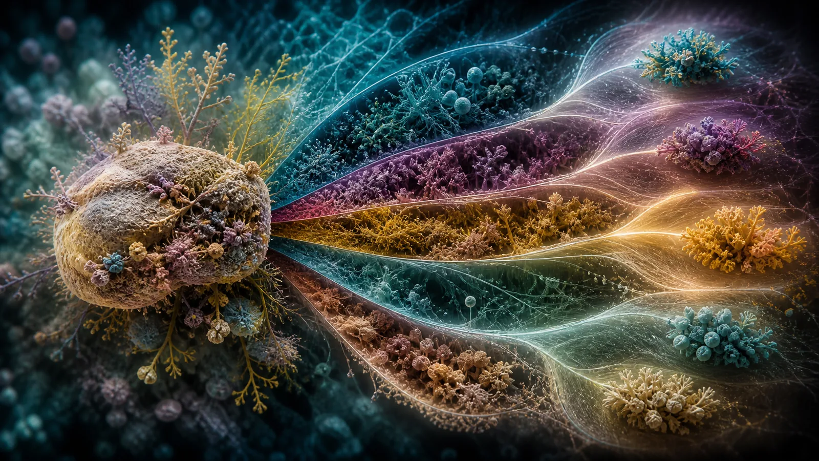 An abstract specimen landscape splitting into several analytical maps and recommendation pathways