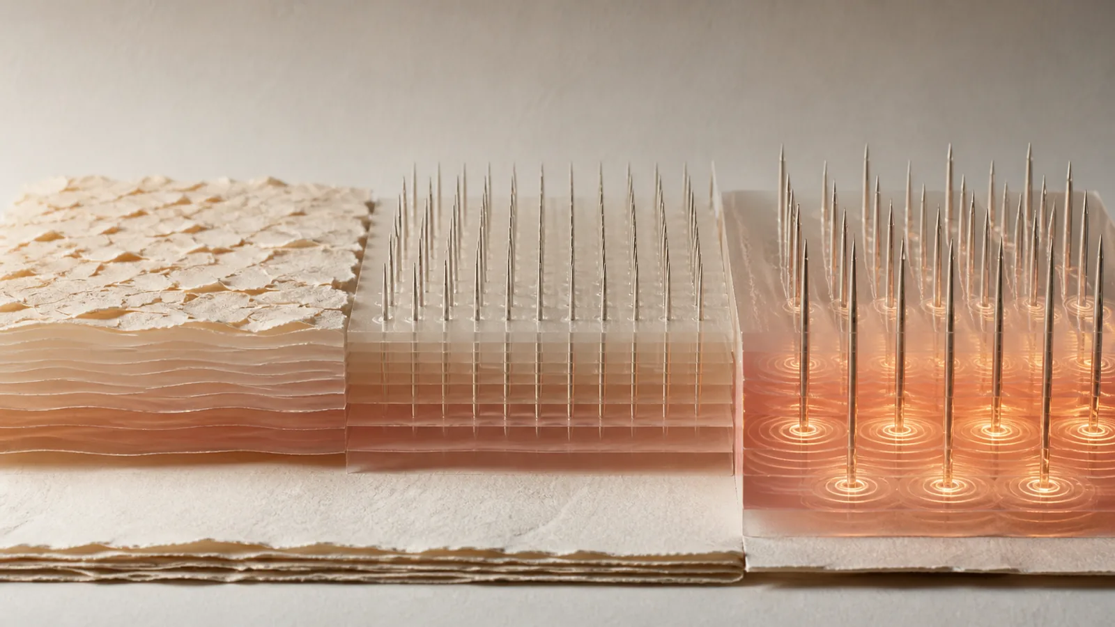 Three paper and glass zones showing surface texture, an orderly fine-pin field, and a deeper energy-ring field