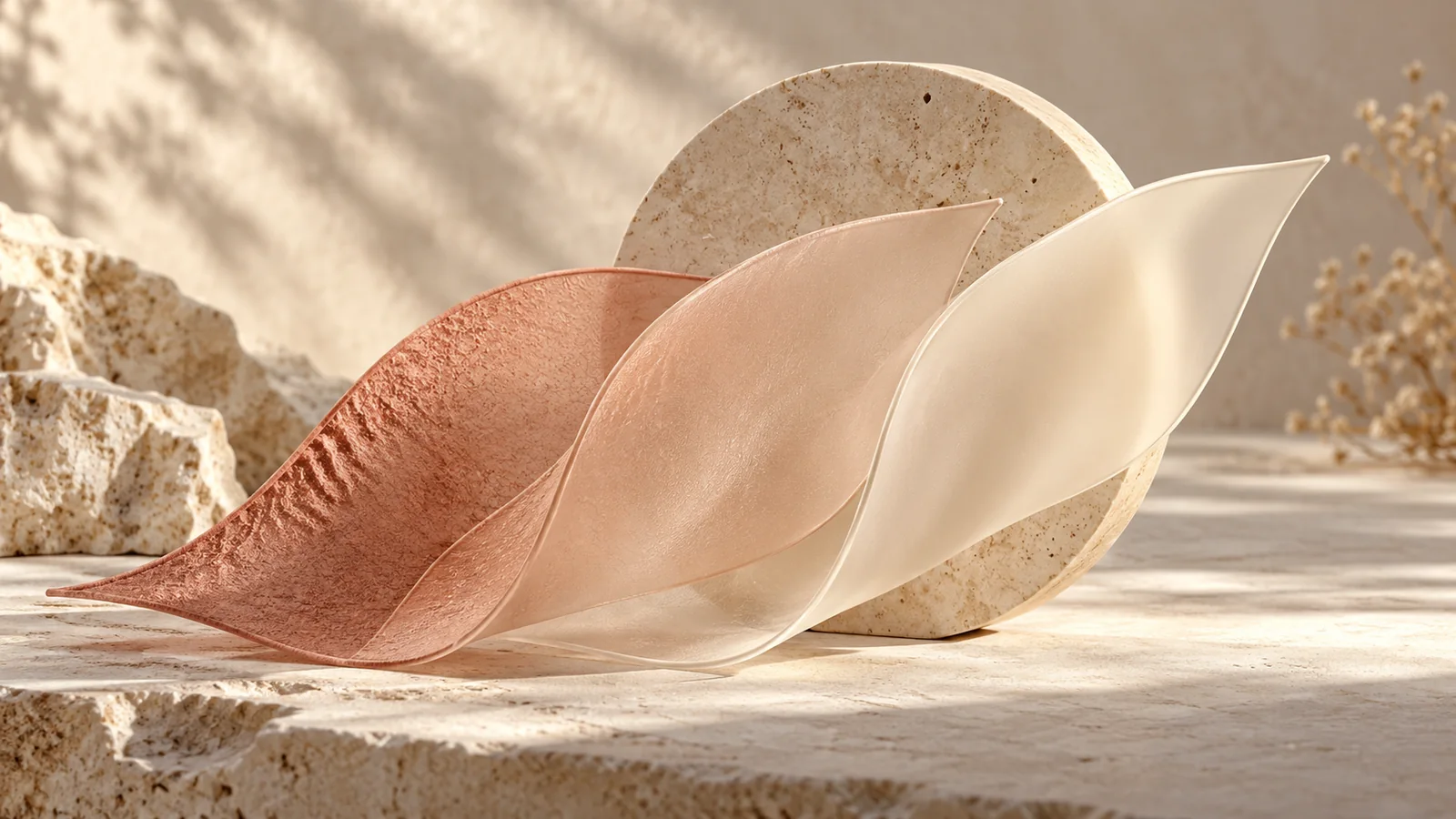 Three translucent, gently textured sheets shifting from terracotta to ivory beside a stone circle