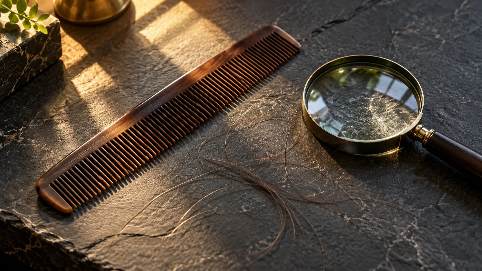 A fine-tooth comb, magnifying lens and a few loose strands on a warm neutral surface