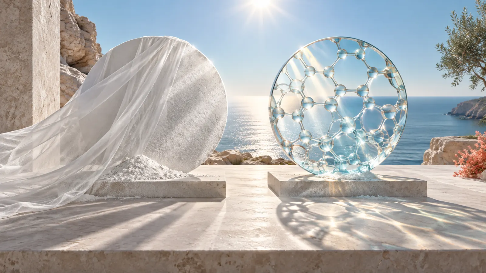 A matte mineral veil and a transparent molecular lattice filter warm coastal sunlight
